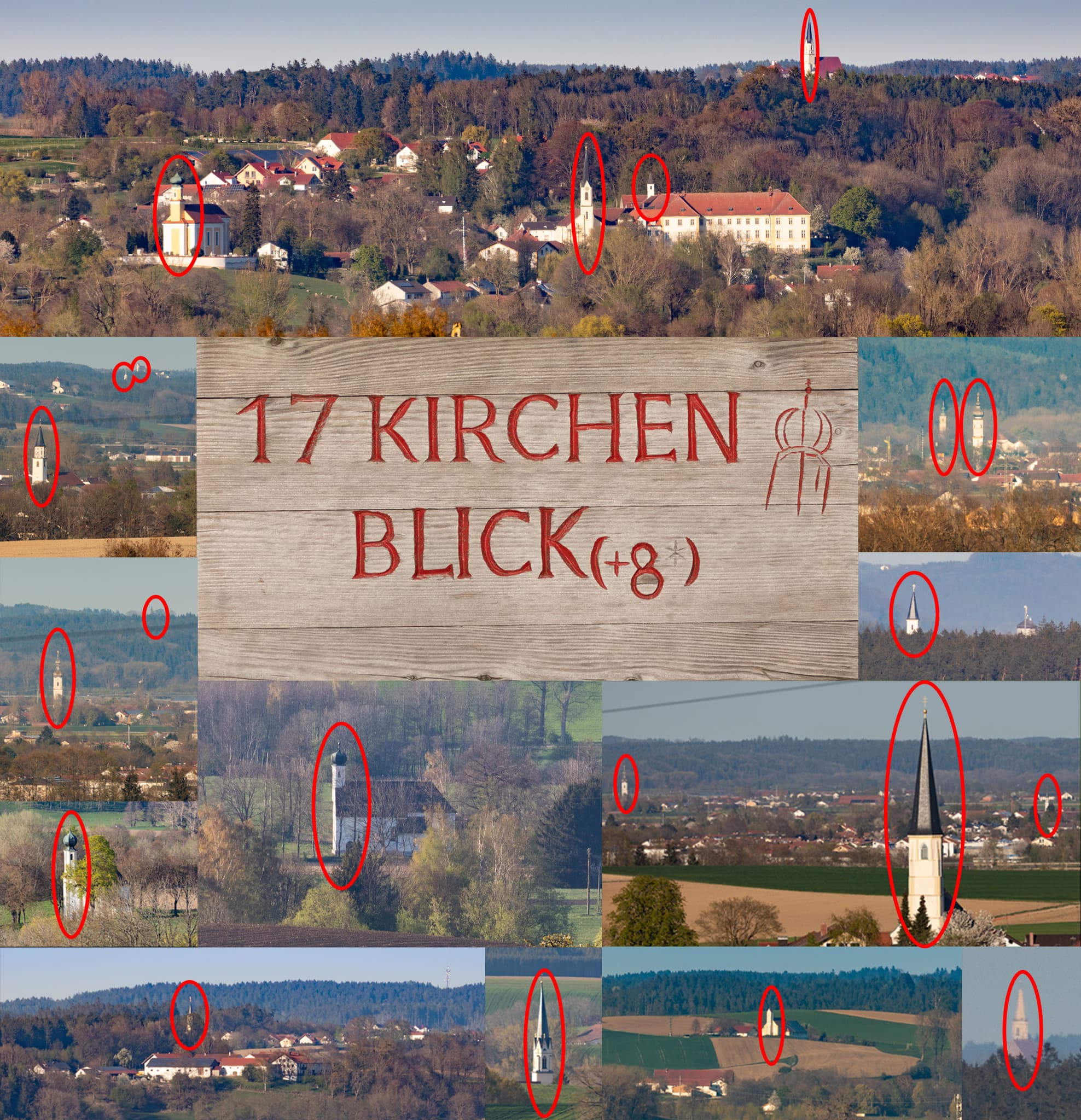 17-Kirchen-Blick-Marker, Heldenstein, Mühldorf am Inn - Blick auf 17 Kirchen rund um Heldenstein, Mühldorf am Inn, Oberbayern. Die weite Landschaft der Region Inn-Salzach in Deutschland zeigt viele sakrale Bauten.