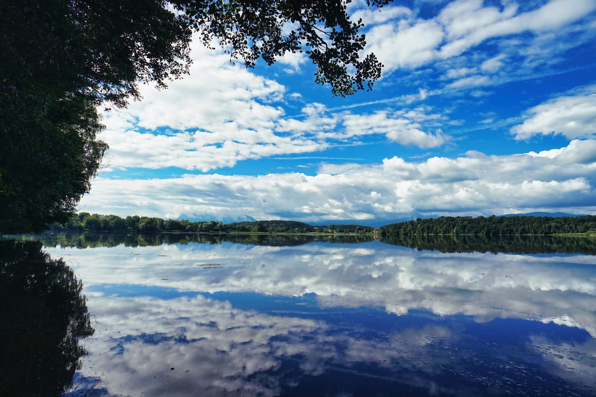 Abtsee mit Spiegelung und Blick in die weite - Ruhige Spiegelung des blauen Himmels mit weißen Wolken im Abtsee.  Die Ufer sind von Bäumen gesäumt, die im Vordergrund leicht im Schatten liegen.  