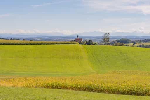 Alpenblick mit Pfarrkirche, Hinterndobl, Rottal-Inn