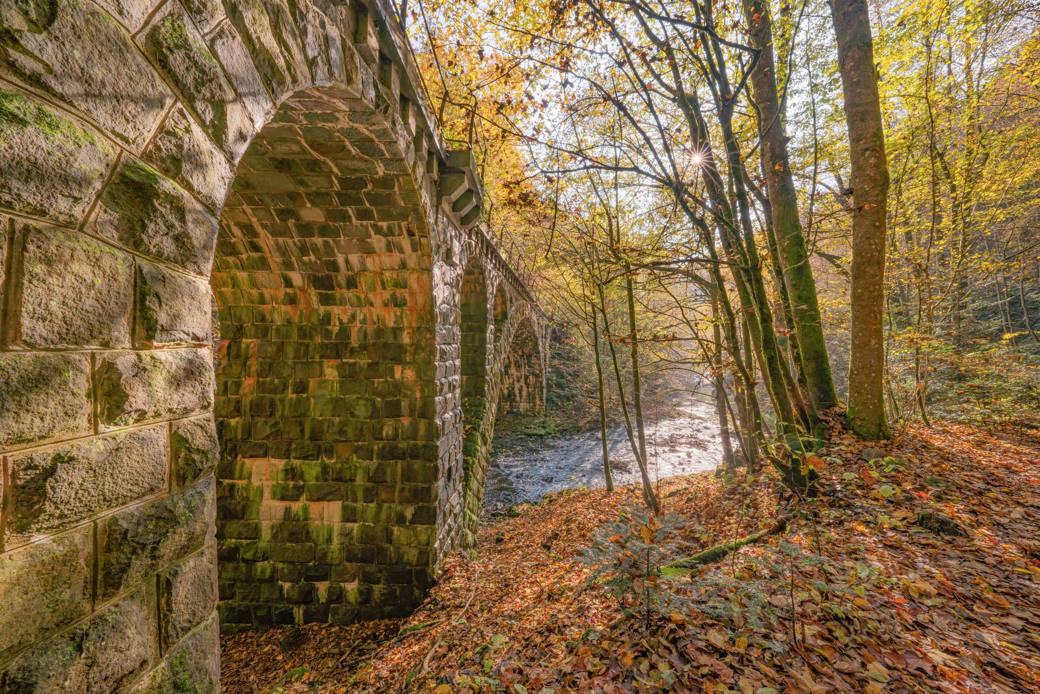 Alte Granitbahn-Brücke, Erlau Erlautal, Passau, Niederbayern - Historische Granitbahn-Brücke über den Erlau Bach im Erlautal, Thyrnau, Obernzell im Landkreis Passau, Niederbayern, Donau-Wald, Deutschland.