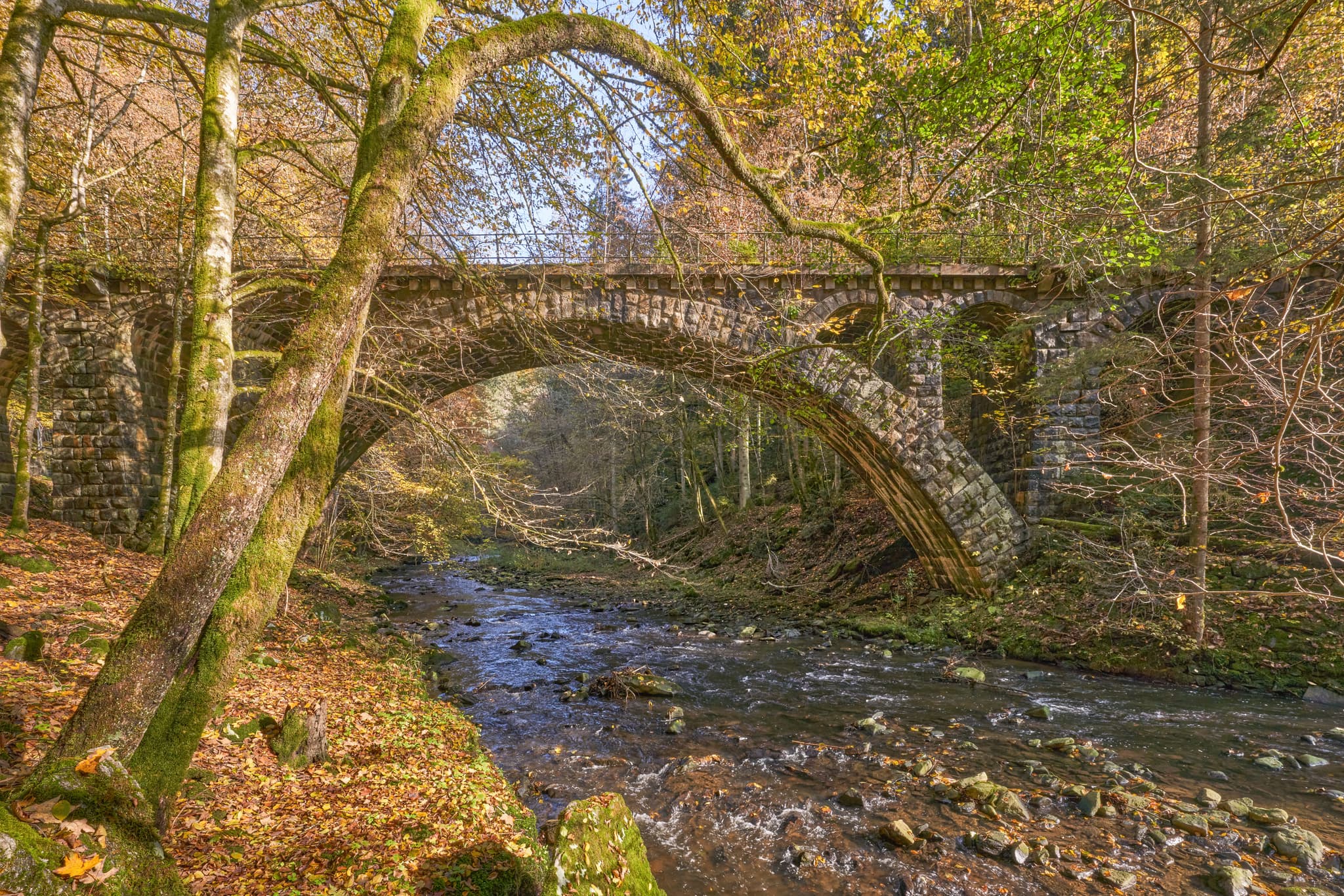 Alte Granitbahn-Brücke, Erlau Erlautal, Passau, Niederbayern - Historische Granitbahn-Brücke über den Erlau Bach im Erlautal, Thyrnau, Obernzell im Landkreis Passau, Niederbayern, Donau-Wald, Deutschland.