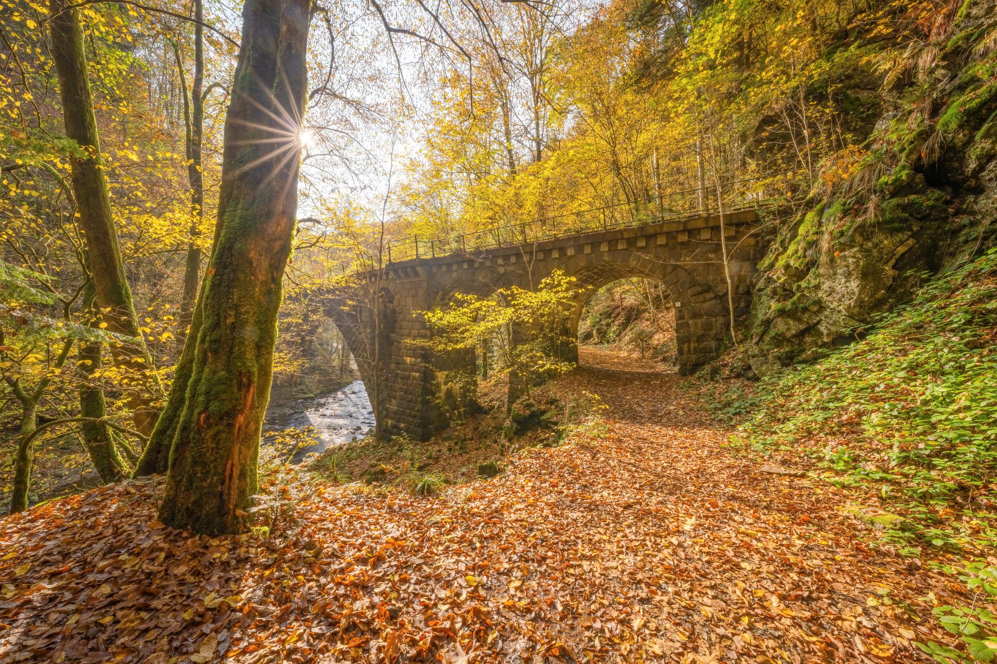Alte Granitbahn-Brücke, Erlau Erlautal, Passau, Niederbayern - Historische Granitbahn-Brücke über den Erlau Bach im Erlautal, Thyrnau, Obernzell im Landkreis Passau, Niederbayern, Donau-Wald, Deutschland.