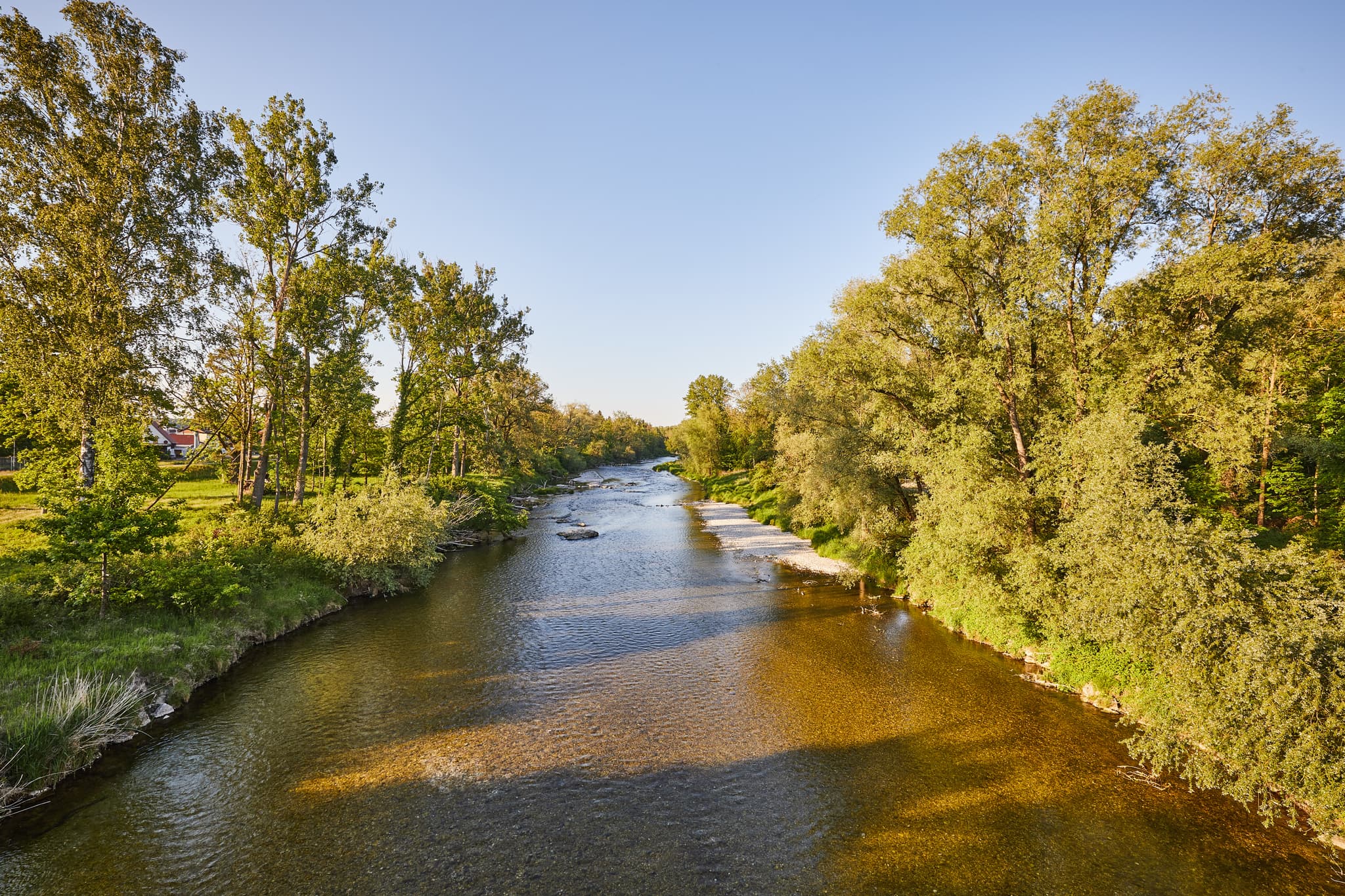 Alz von Brücke Hohenwart, Emmerting, Altötting,  Oberbayern - Die Alz bei Hohenwart, Emmerting, Altötting, Oberbayern, Inn-Salzach, Deutschland.Landschaft mit grünen Ufern und Baumreihen.