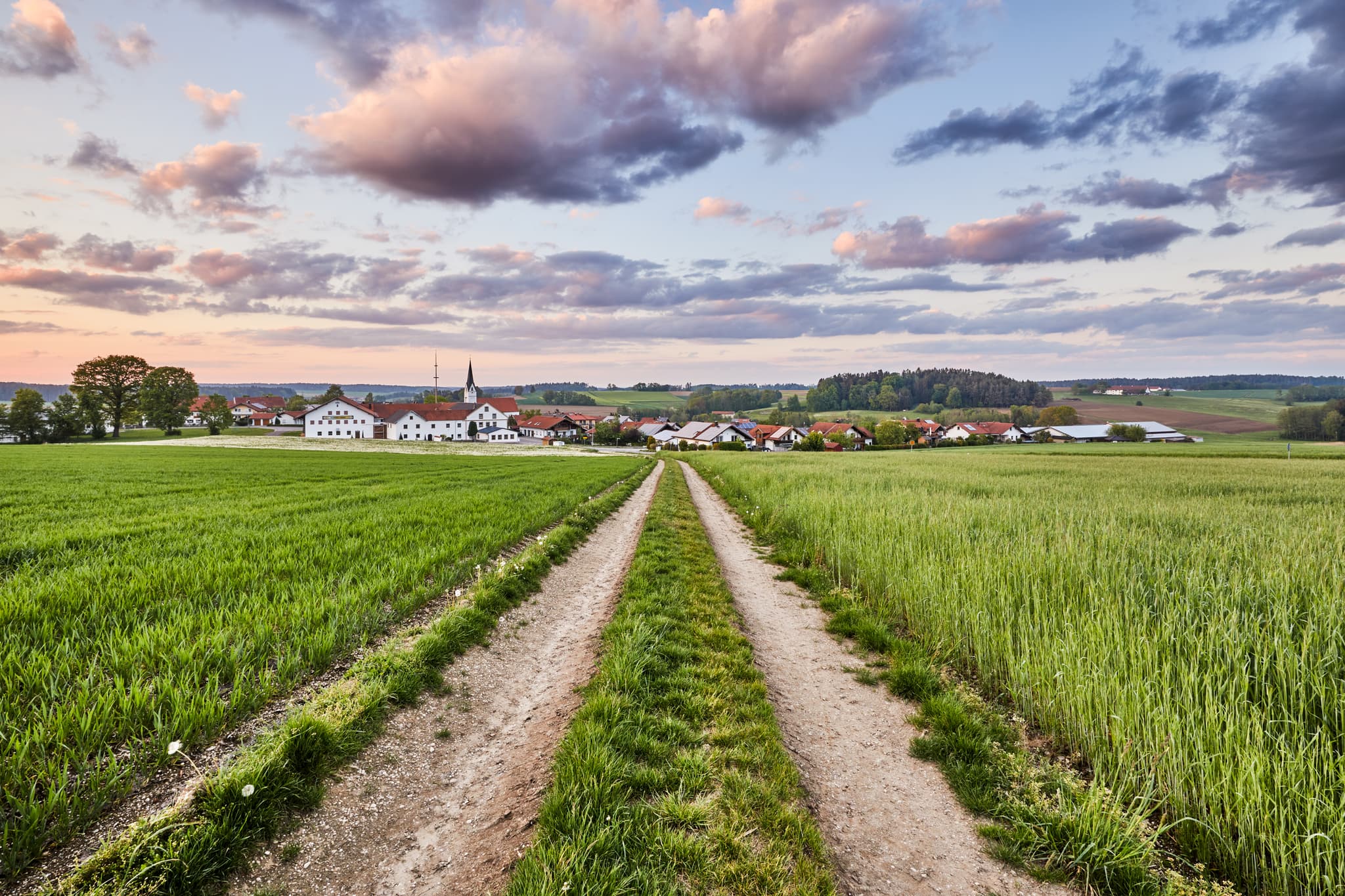 Arbing, Reischach, Landkreis Altötting, Oberbayern - Arbing in der Gemeinde Reischach, Landkreis Altötting, Oberbayern.  Es zeigt eine ländliche Landschaft mit Feldern und Häusern, Kirche und Heuboden Pallauf.