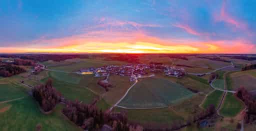 Arbing, Sonnenuntergang Luftbild Pano, Altötting, Oberbayern