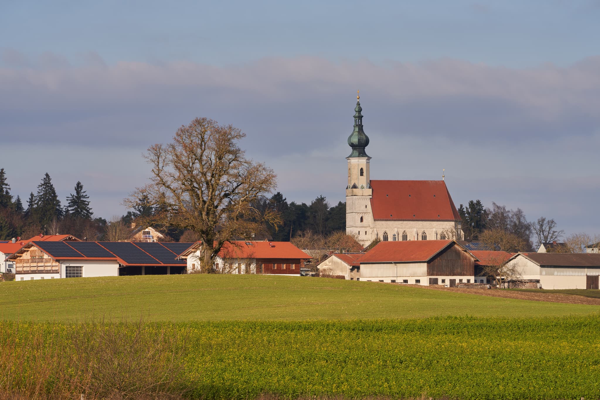 Asten, Tittmoning: Dorfkirche in Oberbayern, Inn-Salzach - Dorfansicht von Asten bei Tittmoning in Oberbayern, Region Inn-Salzach, Deutschland. Die Kirche im Hintergrund prägt das Bild. Sonnige Landschaft mit Feldern.