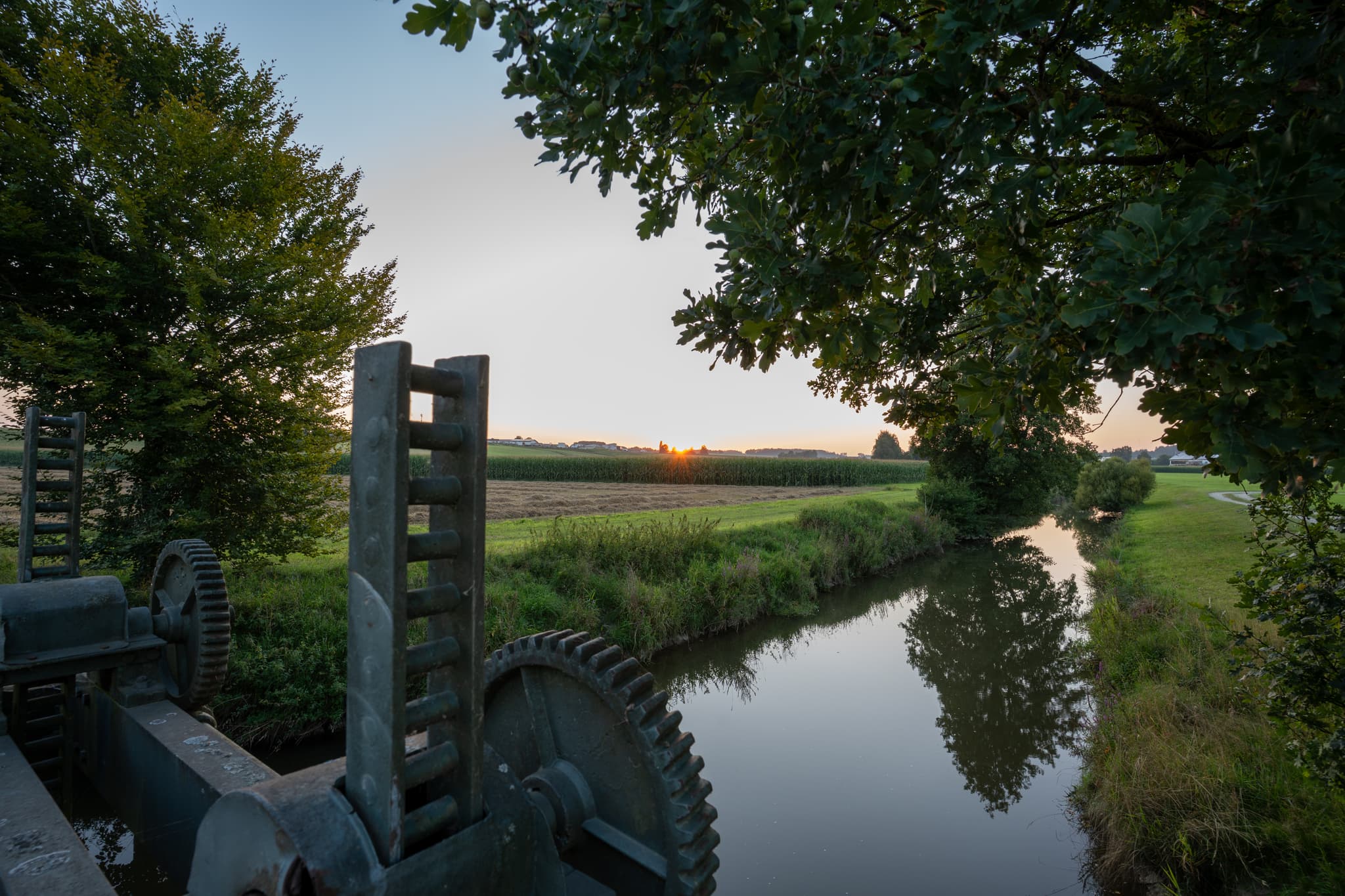 Bina bei Hochholding Blickrichtung Massing - Ruhige Abendstimmung an einem Kanal bei Massing.  Die untergehende Sonne beleuchtet sanft die grüne Landschaft Warme, natürliche Farben dominieren das Bild.