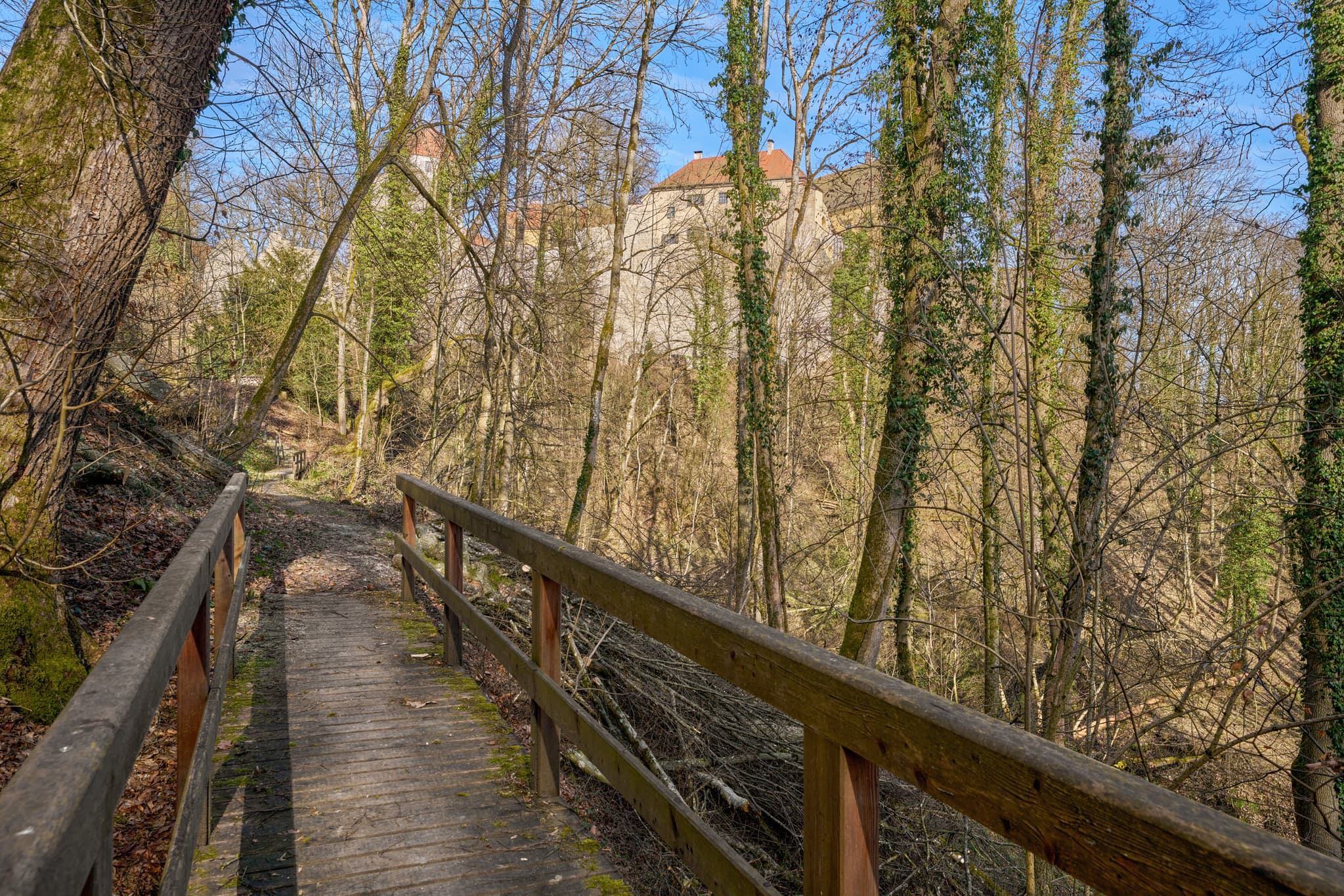 Brücke Schloss Neuburg, Neuburg am Inn, Passau, Niederbayern - Schloss Neuburg am Inn, Landkreis Passau, Niederbayern, Deutschland. Ansicht von einem Waldweg mit Brücke auf die Burganlage. Region Bayerischer Wald.