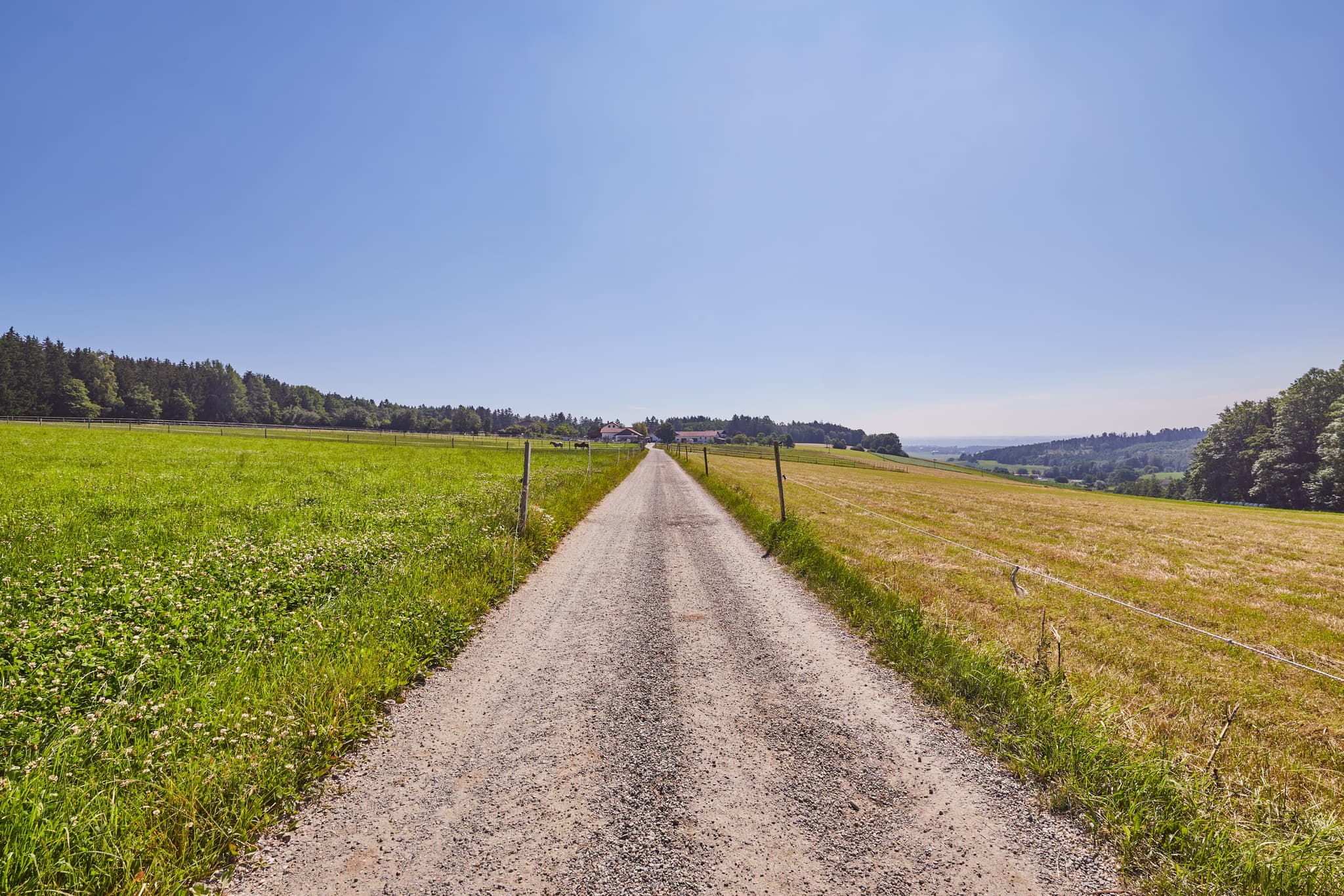 Glatzberg Geidobl, Heldenstein, Mühldorf am Inn, Oberbayern - Schotterweg führt durch weite Wiesen und ländliche Landschaft. Glatzberg Geidobl, Heldenstein, Mühldorf am Inn, Oberbayern, Inn-Salzach, Deutschland.