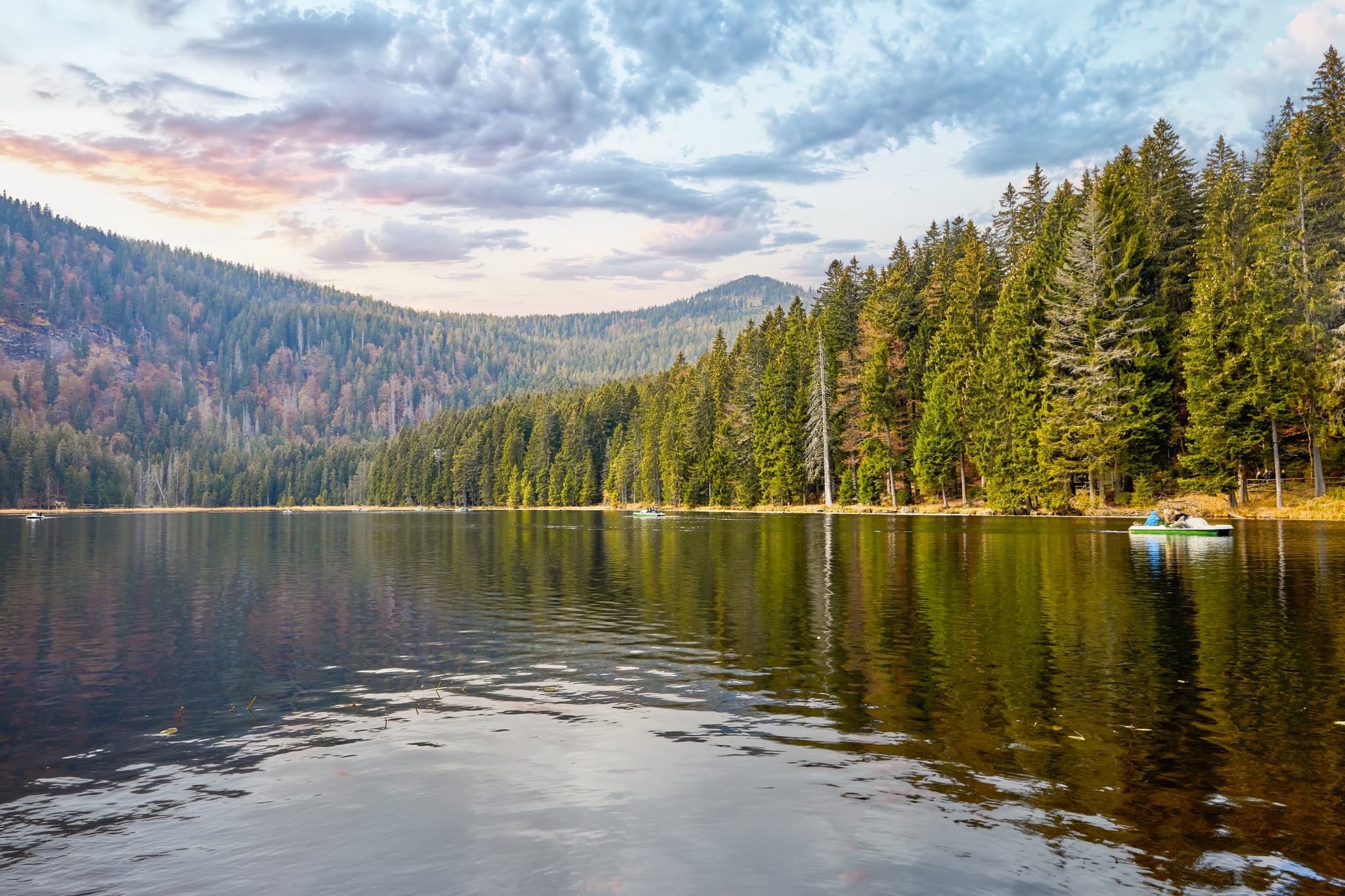 Großer Arbersee, Bayerisch Eisenstein, Regen, Niederbayern - Große Arbersee nahe Bayerisch Eisenstein, Landkreis Regen, Niederbayern, Deutschland. See im Bayerischen Wald mit Wald, Bergen und  Tretbootverleih.