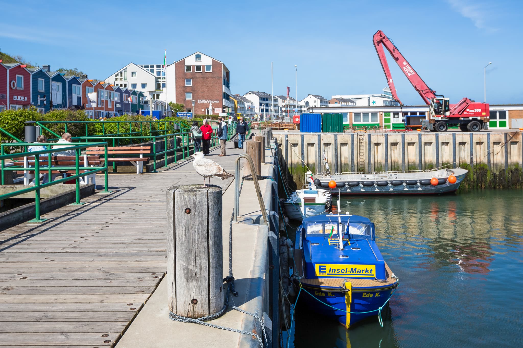 Helgoland Anleger, Helgoland, Pinneberg, Schleswig-Holstein - Anleger auf Helgoland, einer Insel in der Nordsee. Blick auf Boote, Möwe und Hafen mit Gebäuden. Pinneberg, Schleswig-Holstein, Nordseeküste Deutschland.