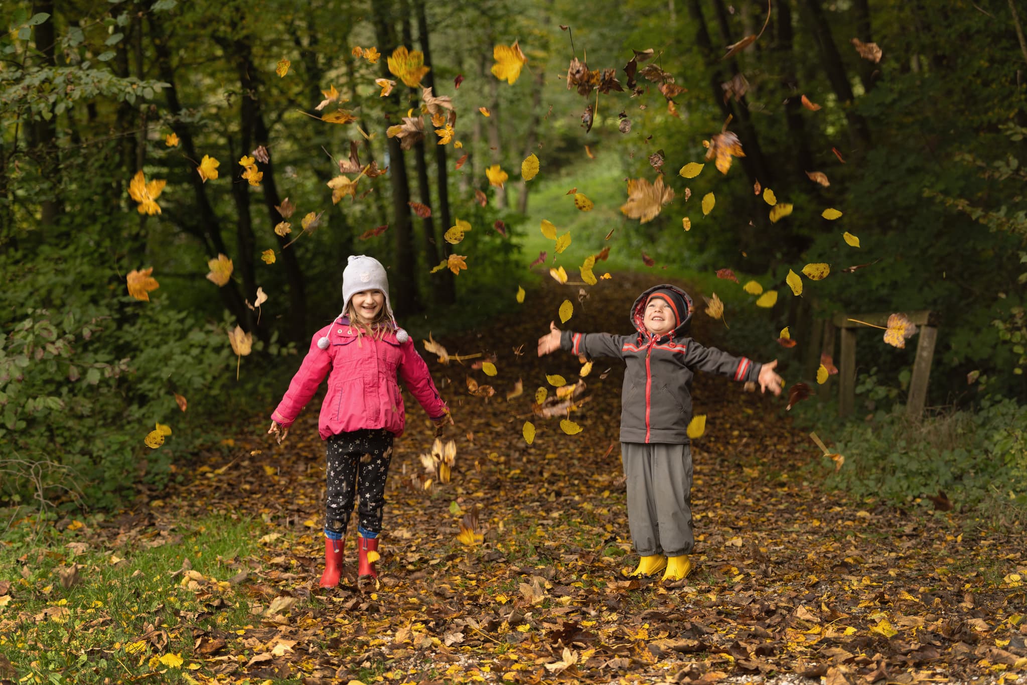 Hochmühl Badesee, Reischach, Altötting, Oberbayern - Kinder spielen im Herbstlaub am Badesee in Reischach, Altötting, Oberbayern, Inn-Salzach, Bayern, Deutschland. Kinder, wie sie Herbstblätter in die Luft werfen.