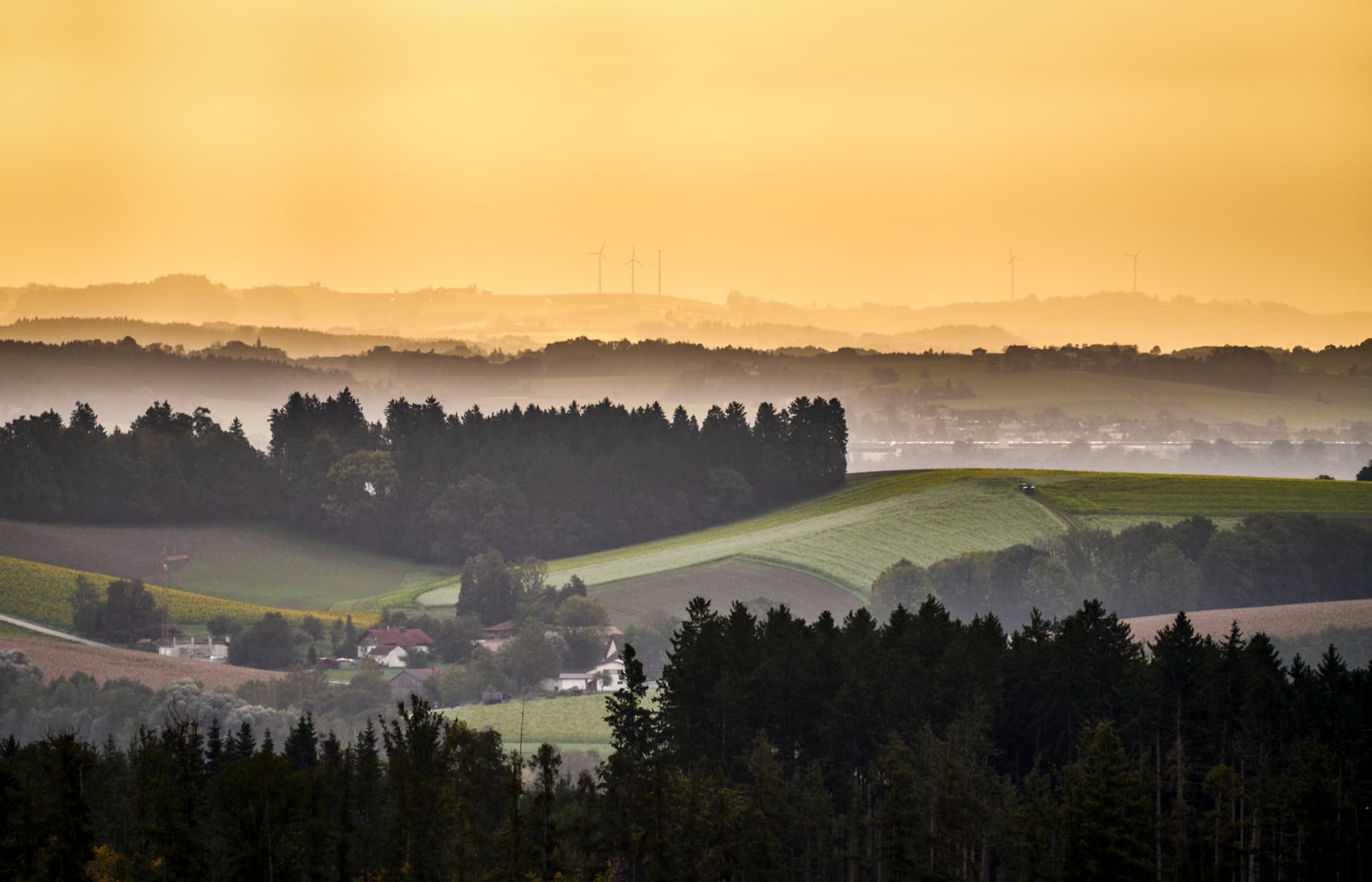 Kager Aussicht Herbst, Bad Griesbach, Passau - Herbstlandschaft bei Bad Griesbach, Landkreis Passau, Niederbayern, Bayern. Das Bild zeigt sanfte Hügel, Wälder und Felder im goldenen Abendlicht.