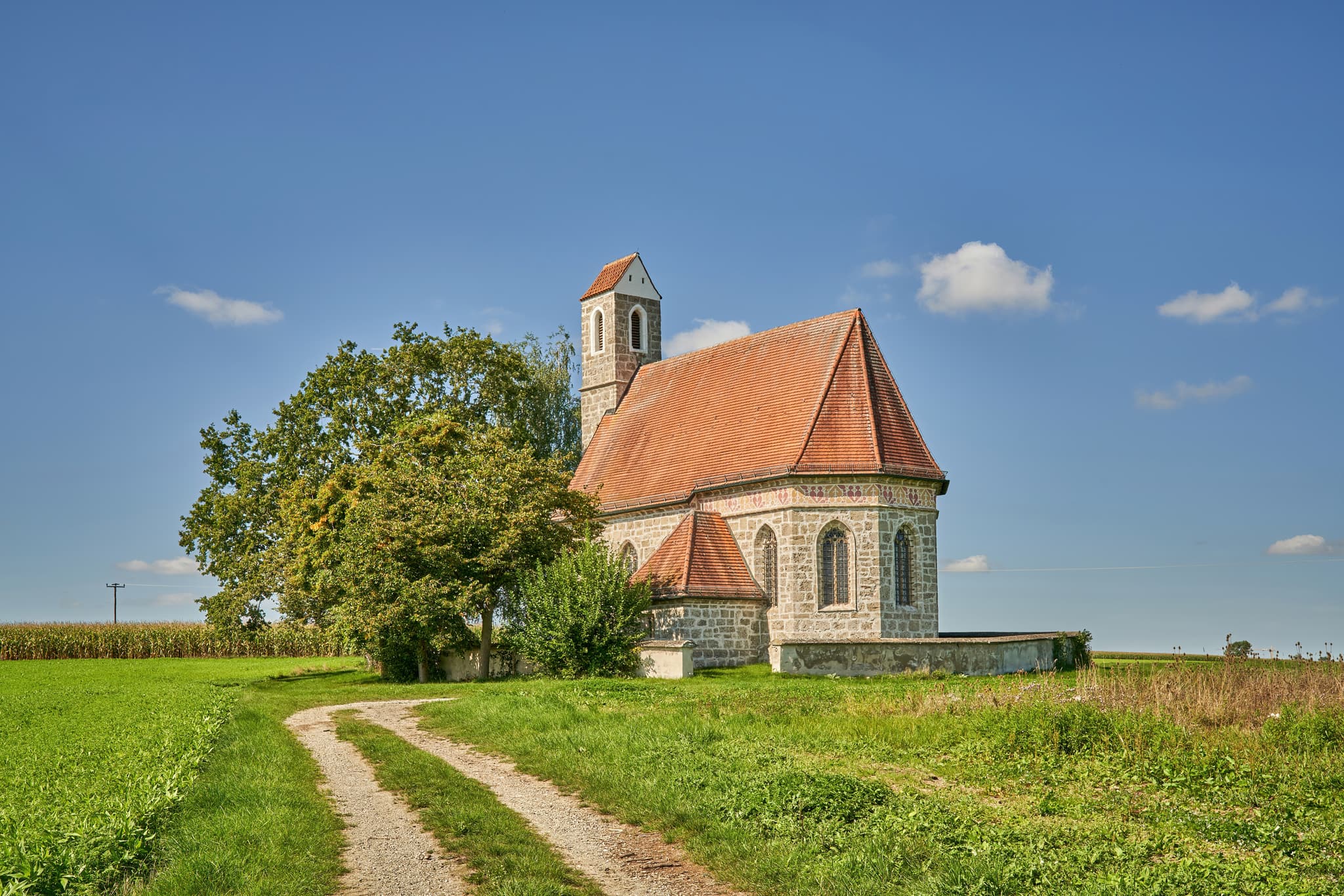 Kirche St. Alban, Peterskirchen, Tacherting, Traunstein - Kirche St. Alban, Peterskirchen, Tacherting, Landkreis Traunstein, Oberbayern. Motiv der Kirche umgeben von Feldern im Chiemgau, Deutschland.