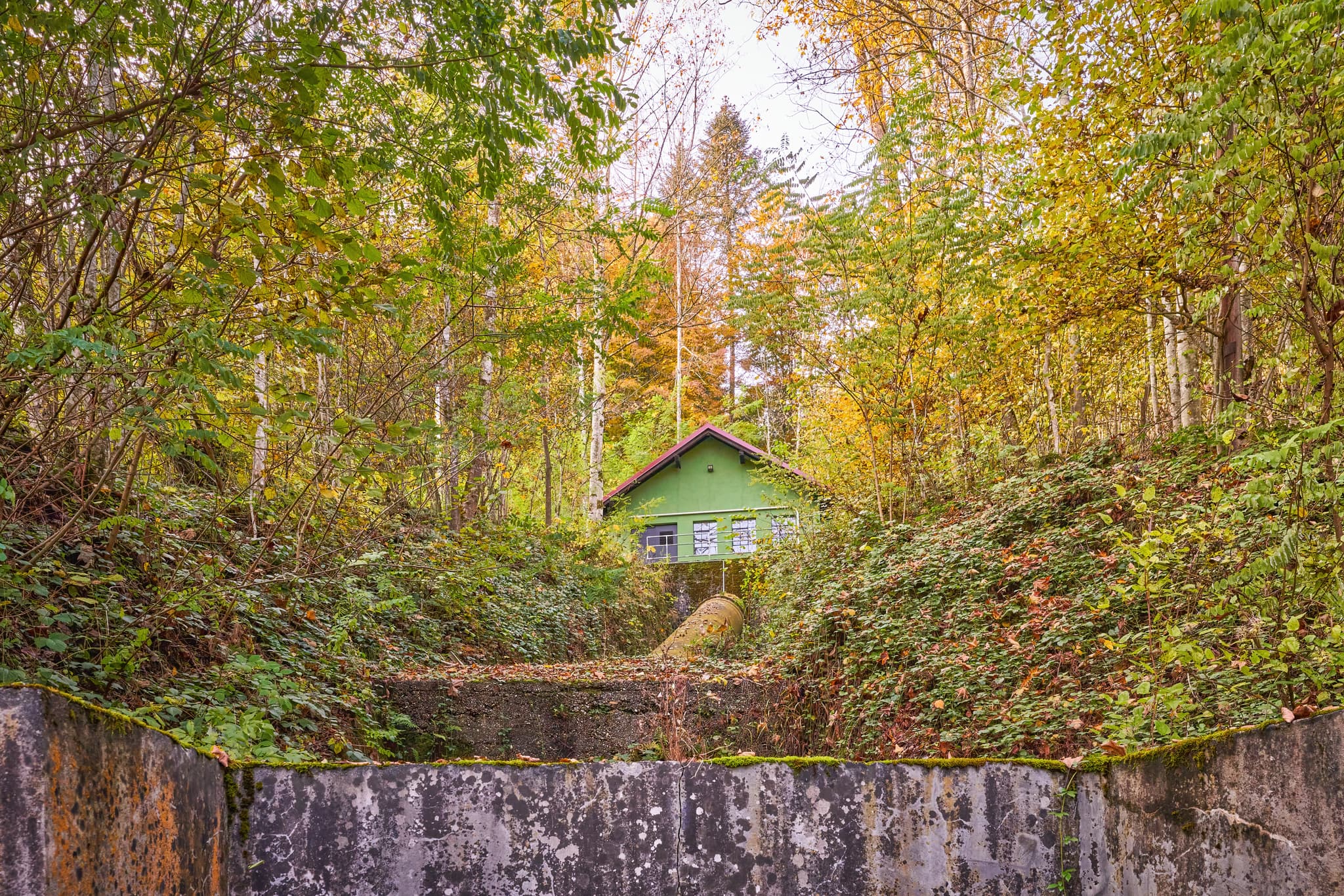 Kraftwerksanlage Erlau Erlautal, Passau, Niederbayern - Kraftwerksanlage in Erlau Erlautal, Obernzell, Landkreis Passau, Niederbayern. Von herbstlichem Wald umgeben im Bayerischen Wald, Deutschland.