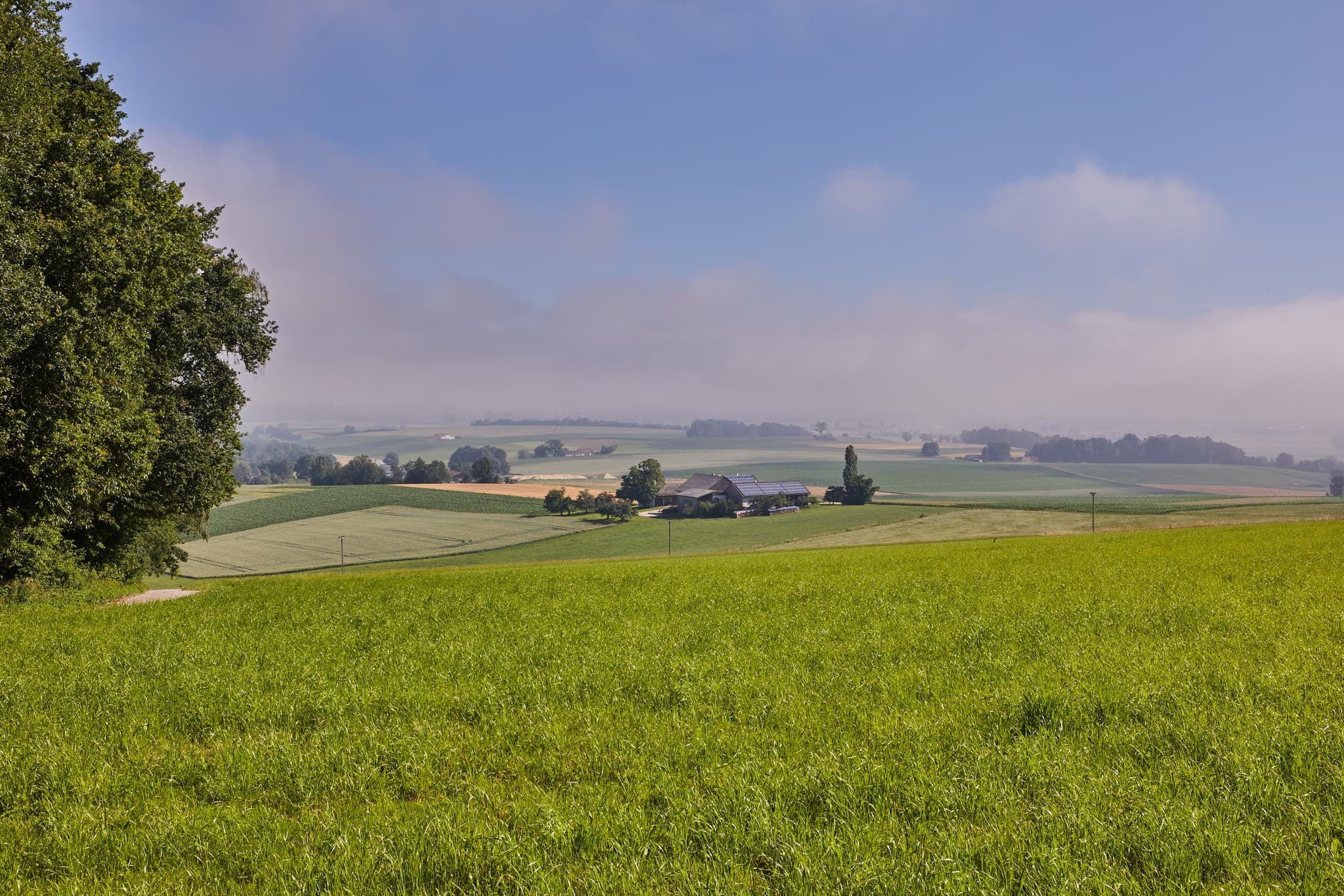 Landschaft Glatzberg Aussicht, Mühldorf am Inn, Oberbayern - Landschaftsaufnahme von Glatzberg Aussicht in Heldenstein, Mühldorf am Inn, Oberbayern. Felder und Bäume prägen die Inn-Salzach Region in Deutschland.
