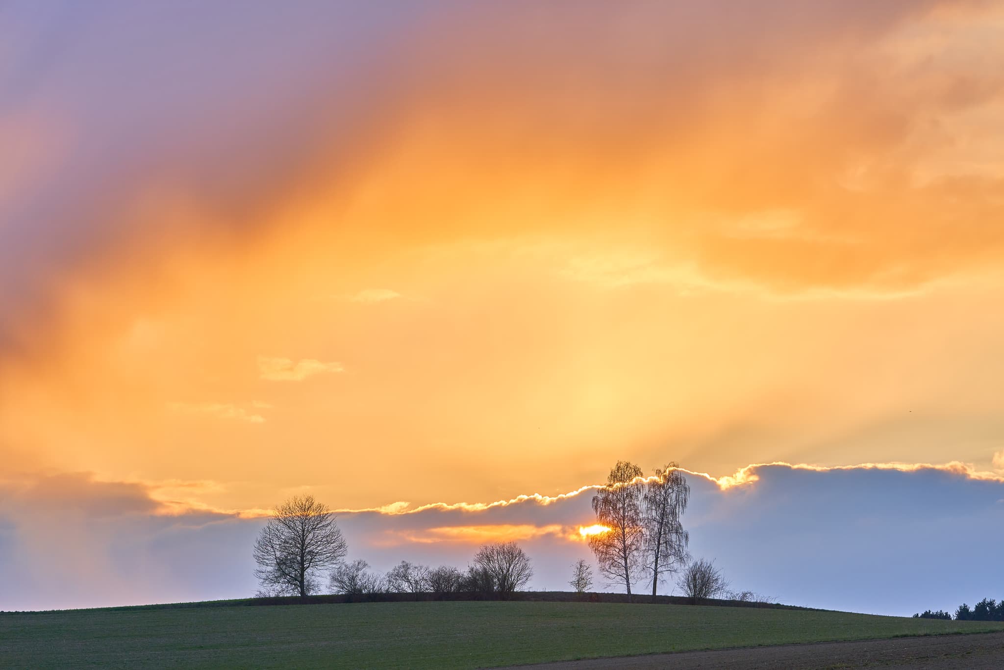 Landschaft in Obereck, Altötting, Oberbayern - Naturlandschaft bei Sonnenuntergang in Obereck, Gemeinde Erlbach, Landkreis Altötting, Oberbayern, Deutschland. Sanfte Hügel der Region Inn-Salzach.