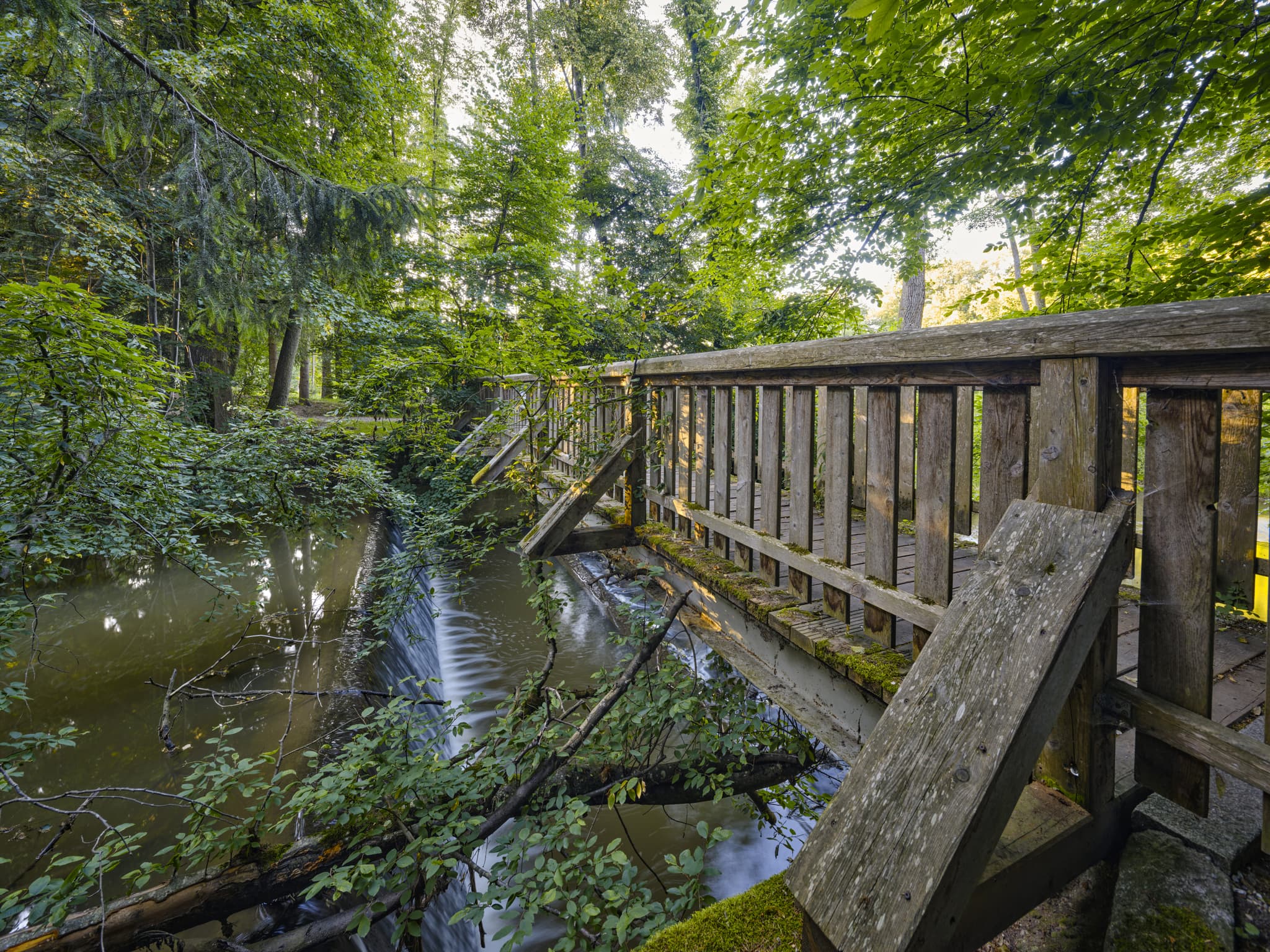Lichtlberger Wald, Gern, Eggenfelden, Niederbayern, Holzland - Holzbrücke im Lichtlberger Wald, Gern, Eggenfelden, Rottal-Inn, Niederbayern, Deutschland. Natürliche Waldlandschaft mit Bach und Wasserfall im letzten Licht.