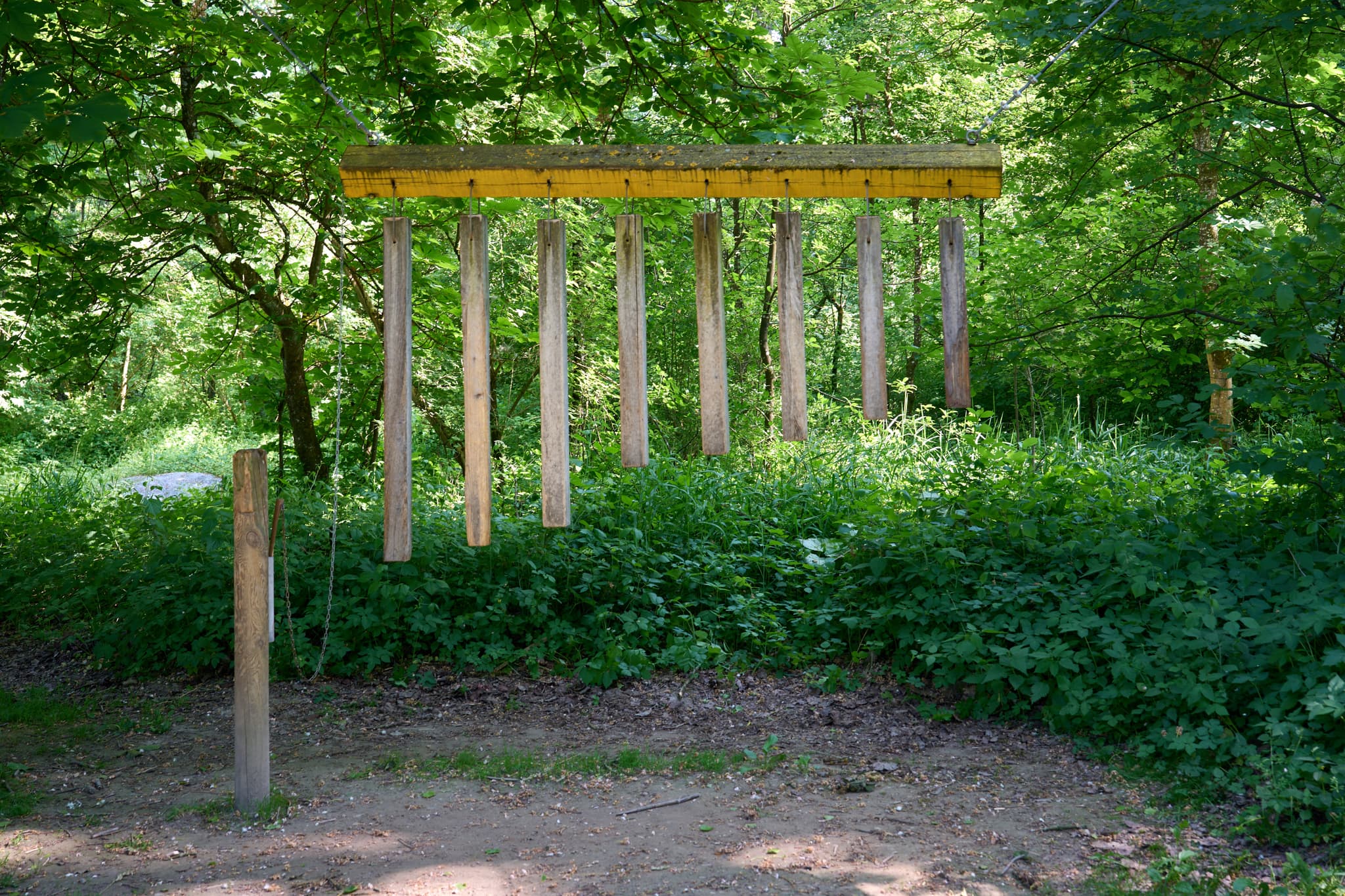 Naturerlebnisweg Innaue, Mühldorf, Oberbayern, Inn-Salzach - Naturerlebnisweg Innaue in Mühldorf, Mühldorf am Inn, Oberbayern, Deutschland. Ein Holzklangspiel steht inmitten einer grünen Waldlandschaft.