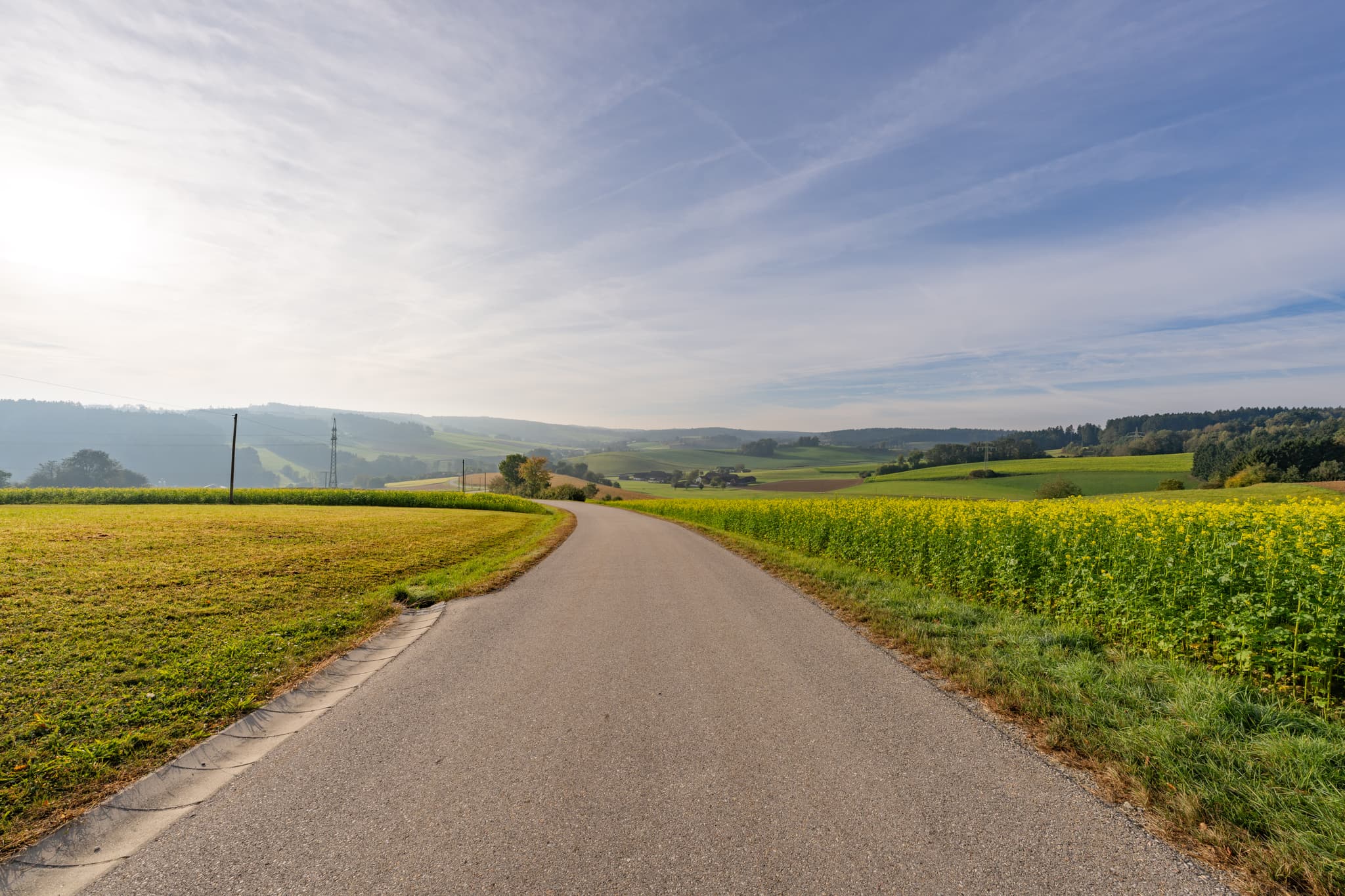 Neudeck Aussicht Asenham, Bad Birnbach, PAN, Bäderdreieck - Geschwungene Straße durch Felder und Hügel in Bad Birnbach, Rottal-Inn, Niederbayern. Die Bäderdreieck-Region in Deutschland bietet Natur unter blauem Himmel.