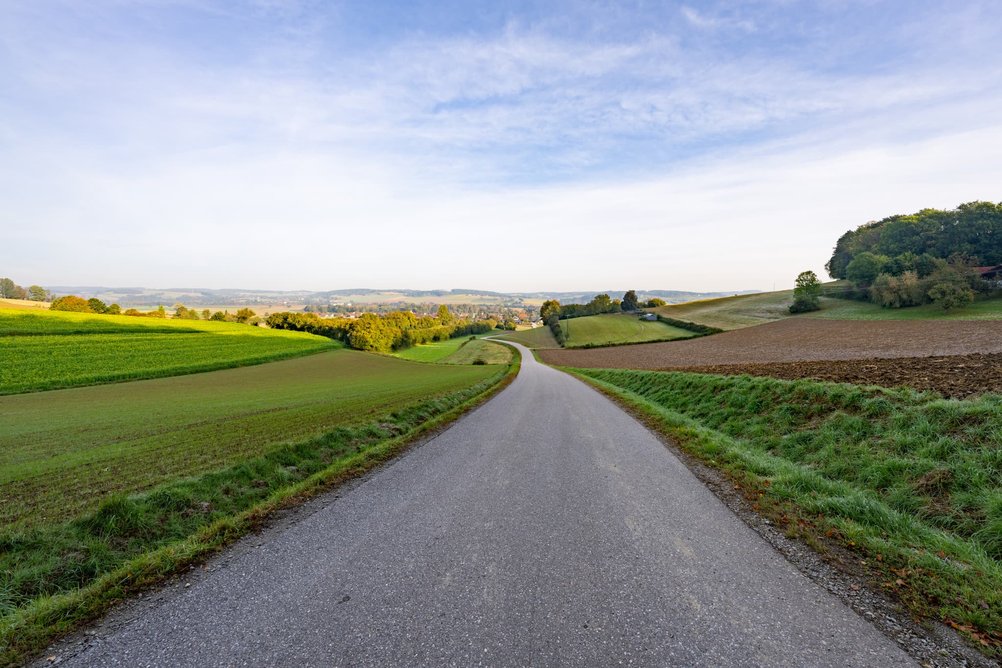 Neudeck Aussicht, Bad Birnbach, Rottal-Inn, Niederbayern - Neudeck Aussicht, Bad Birnbach, Rottal-Inn, Niederbayern. Straße durch Felder, sanfte Hügel im Bäderdreieck, Deutschland. Weite Natur unter klarem Himmel.