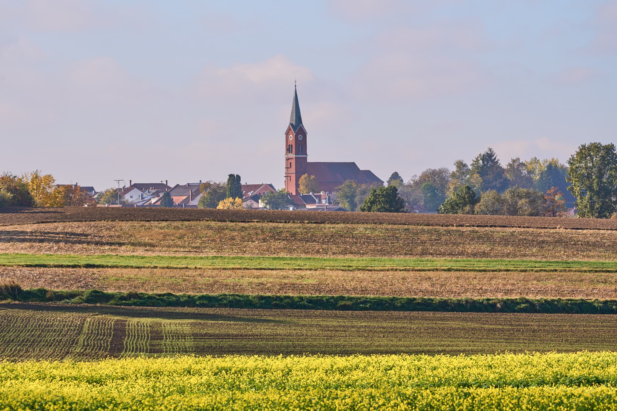 Pfarrkirche St. Andreas, Wurmannsquick, Rottal-Inn - Ländliche Ortsansicht von Wurmannsquick, Rottal-Inn, Niederbayern, Deutschland. Zeigt die Pfarrkirche St. Andreas und Häuser mit Feldern im Holzland.