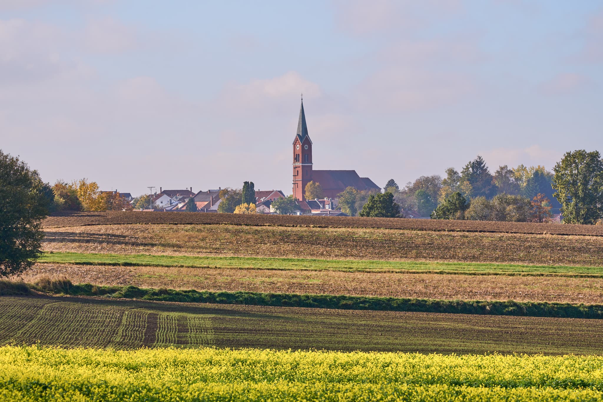 Pfarrkirche St. Andreas, Wurmannsquick, Rottal-Inn - Ländliche Ortsansicht von Wurmannsquick, Rottal-Inn, Niederbayern, Deutschland. Zeigt die Pfarrkirche St. Andreas und Häuser mit Feldern im Holzland.