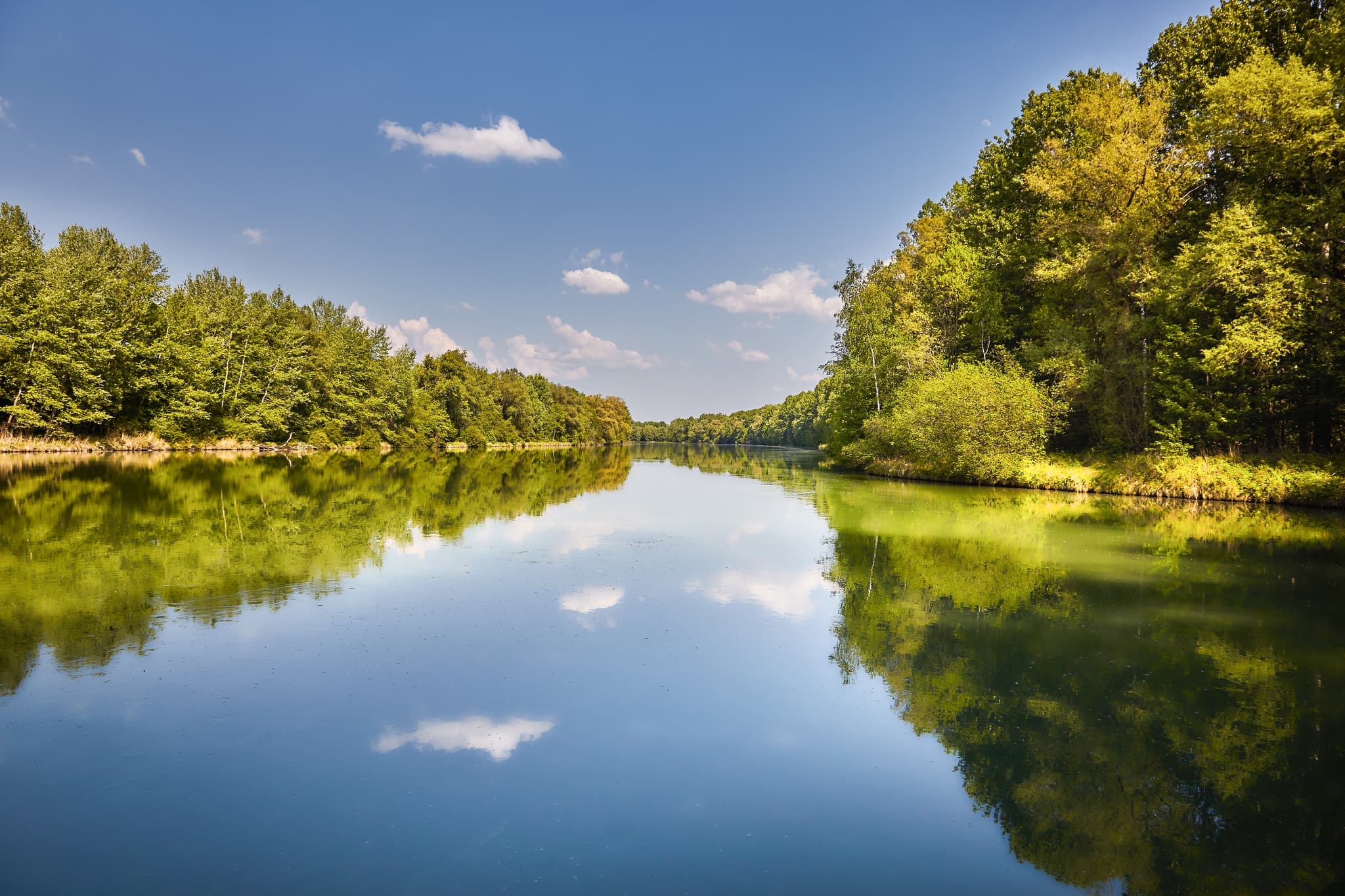Radweg Inn Abwärts recht, Alzgern, Altötting, Oberbayern - Flusslandschaft am Inn Radweg bei Alzgern, Neuötting, Altötting, Oberbayern, Inn-Salzach Region, Deutschland, mit bewaldeten Ufern und Wasserspiegelungen.