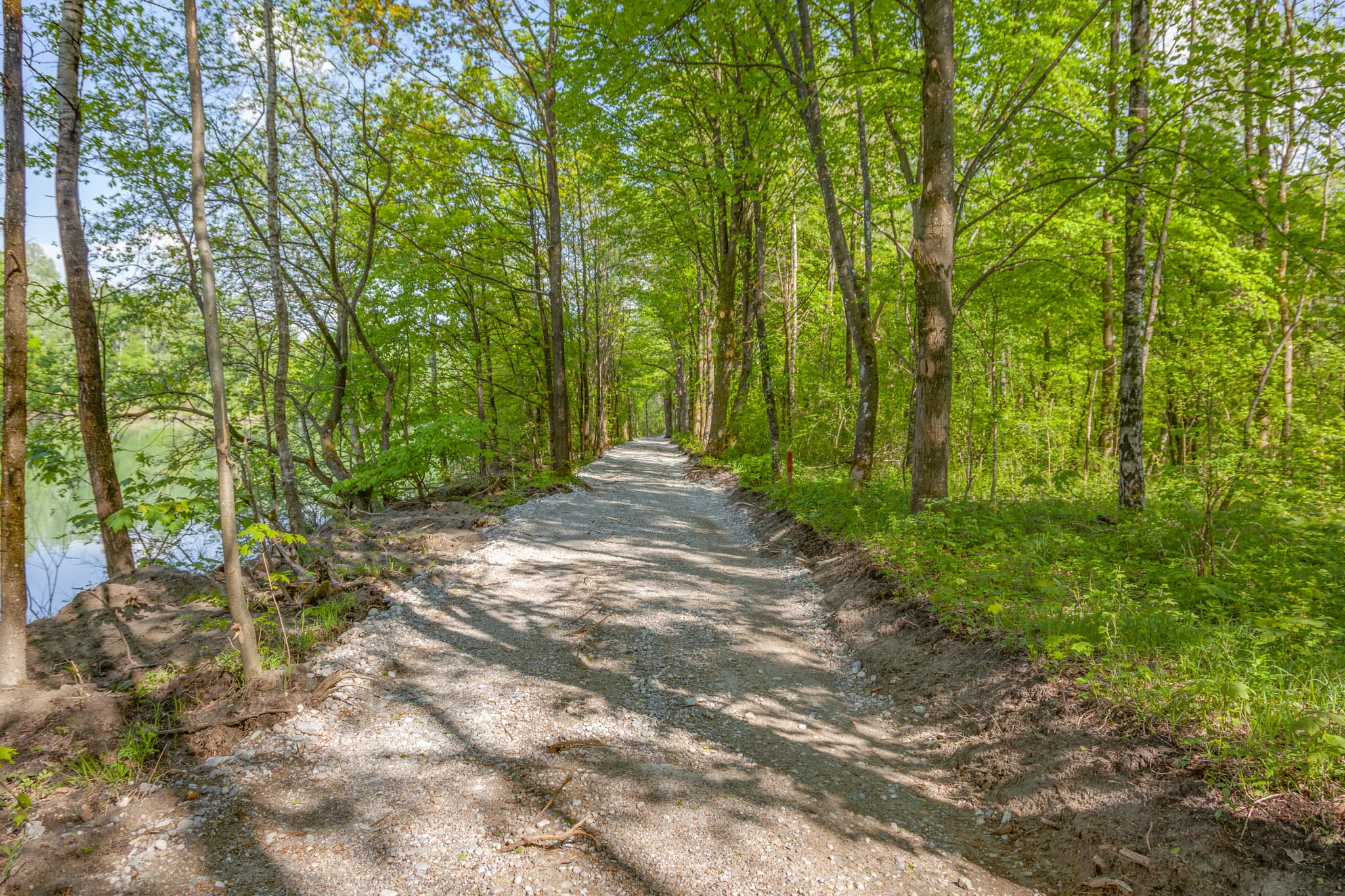 Radweg rechte Seite Inn, Kiesweg, Neuötting, Altötting - Inn höhe Untereschelbach, gesäumt von Bäumen und Grün. Idyllisches Bild aus Neuötting, Landkreis Altötting, Oberbayern, Inn-Salzach.