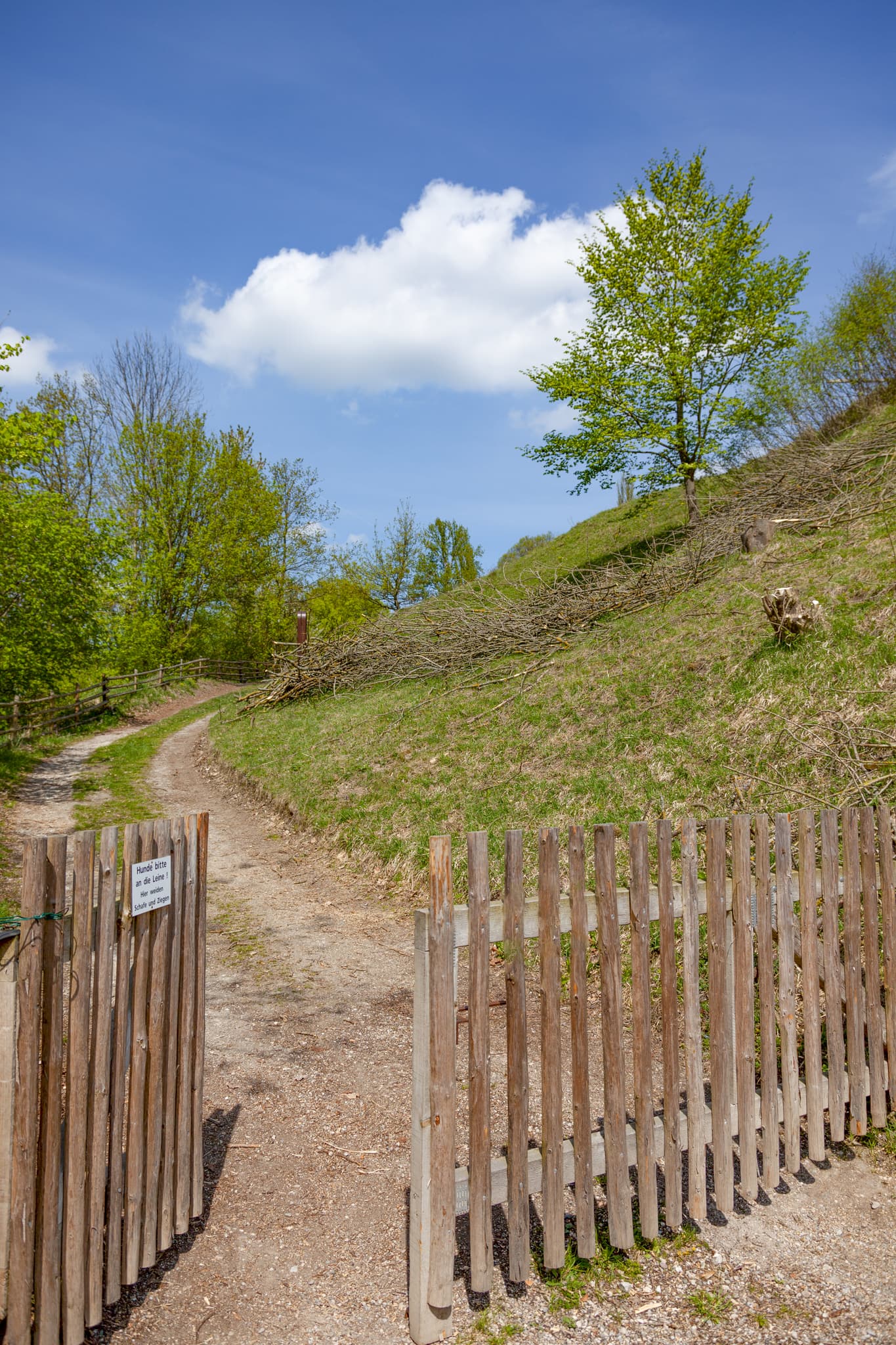 Schlossberg Zugang, Kraiburg, Mühldorf am Inn, Oberbayern - Ein offenes Holztor vor einem unbefestigten Weg, der einen grünen Hang hinaufführt. Motiv bei Kraiburg, Mühldorf am Inn, Oberbayern, Inn-Salzach, Deutschland.