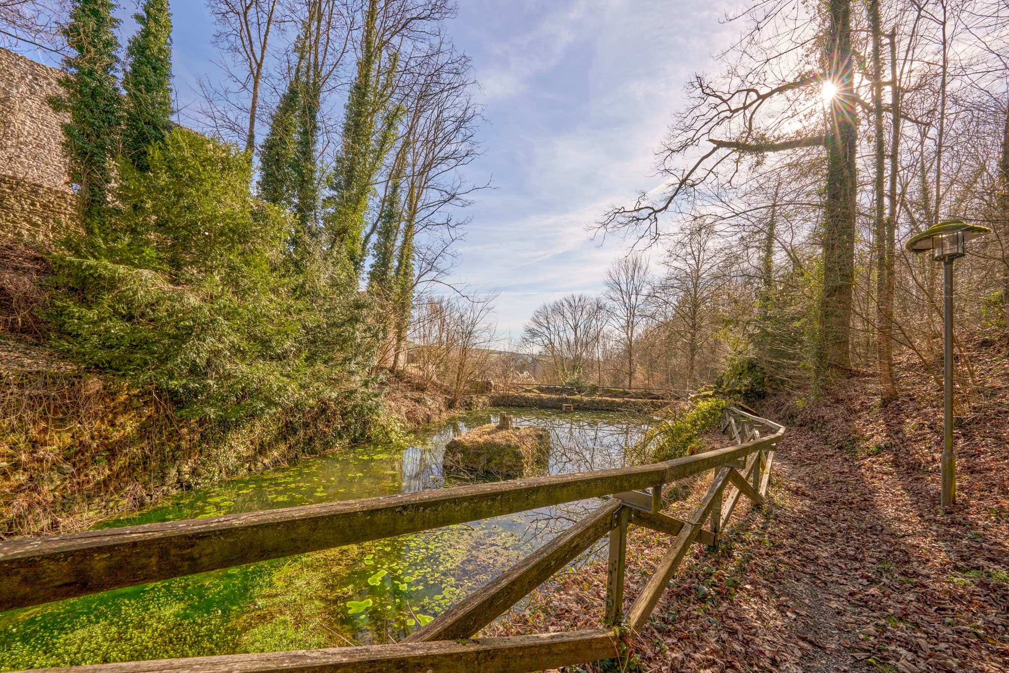Schlossteich in Neuburg am Inn, Passau, Niederbayern - Waldweg mit Holzzaun und sonnigem Schlossteich im Herbst bei Schloss Neuburg am Inn. Landkreis Passau, Niederbayern, Donau-Wald, Deutschland.