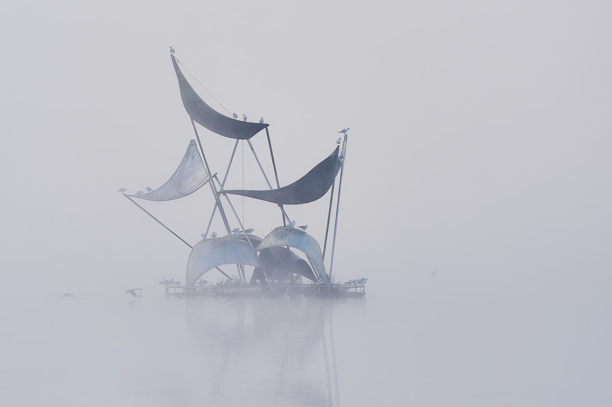 Skulptur, Rottauensee, Rottal-Inn, Niederbayern - Skulptur auf dem Rottauensee, Postmünster, Landkreis Rottal-Inn, Niederbayern. Die Kunstinstallation im Holzland liegt in nebelverhangener Morgenstimmung.