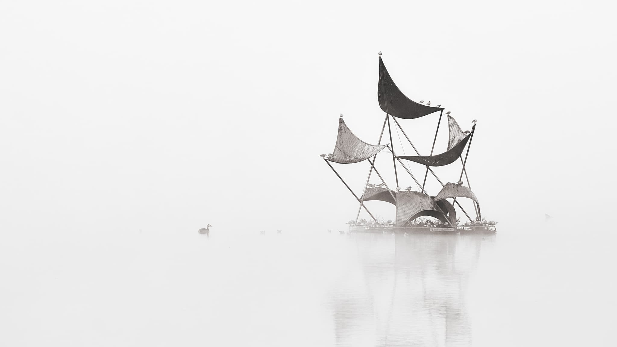 Skulptur, Rottauensee, Rottal-Inn, Niederbayern - Skulptur auf dem Rottauensee, Postmünster, Landkreis Rottal-Inn, Niederbayern. Die Kunstinstallation im Holzland, liegt in nebelverhangener Morgenstimmung.