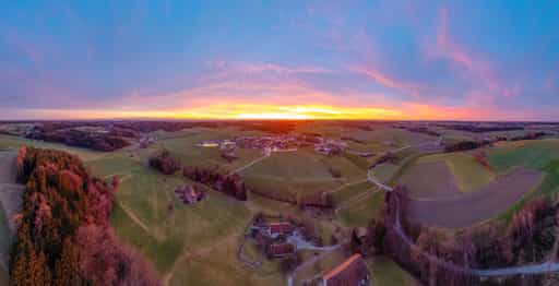 Sonnenuntergang Luftbild Pano, Arbing, Altötting, Oberbayern