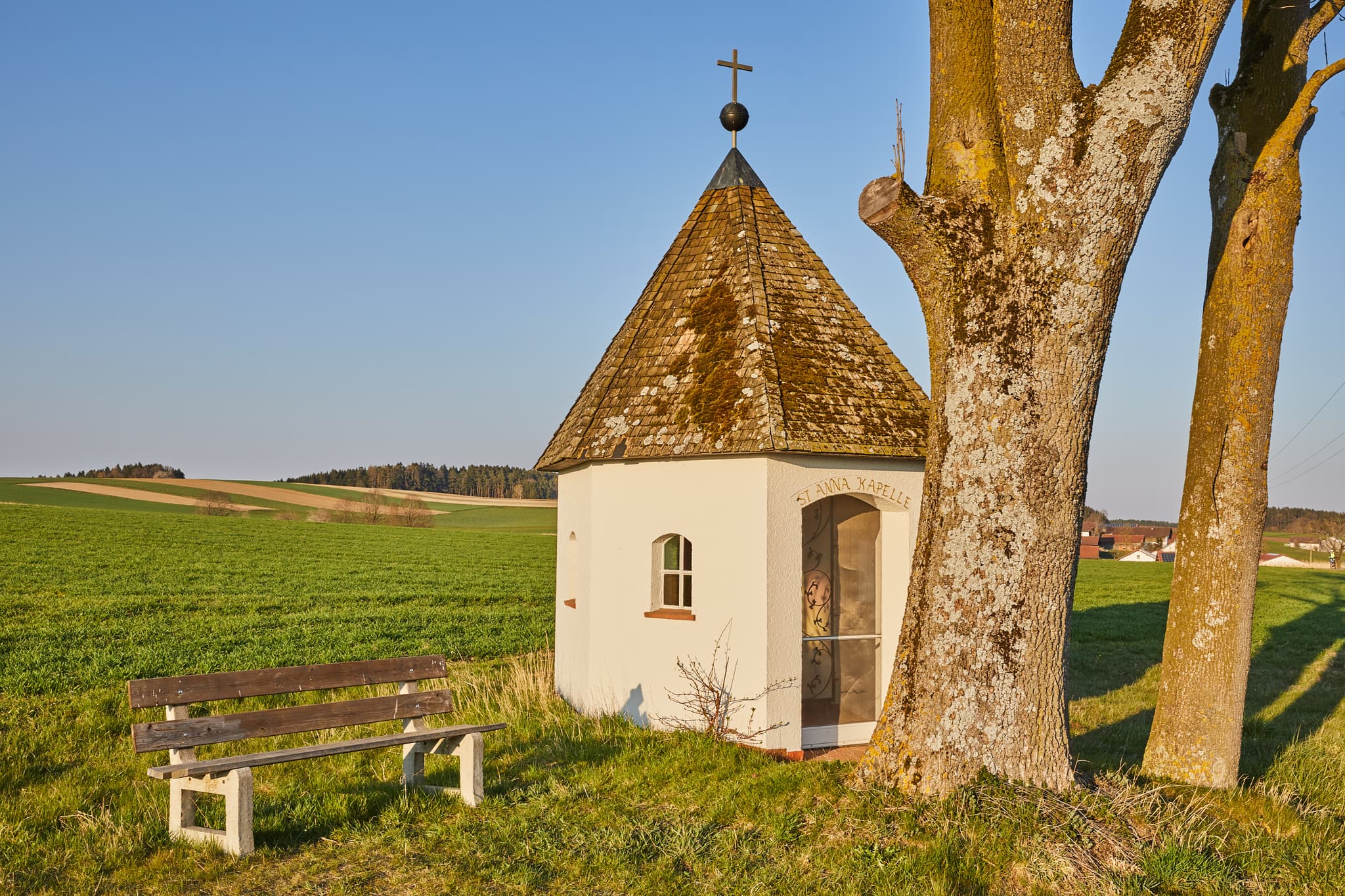 St. Anna Kapelle, Martinskirchen, Rottal-Inn, Niederbayern - Kapelle St. Anna mit Baum in Feldlandschaft bei Martinskirchen, Wurmannsquick, Landkreis Rottal-Inn, Niederbayern, Holzland, Deutschland.