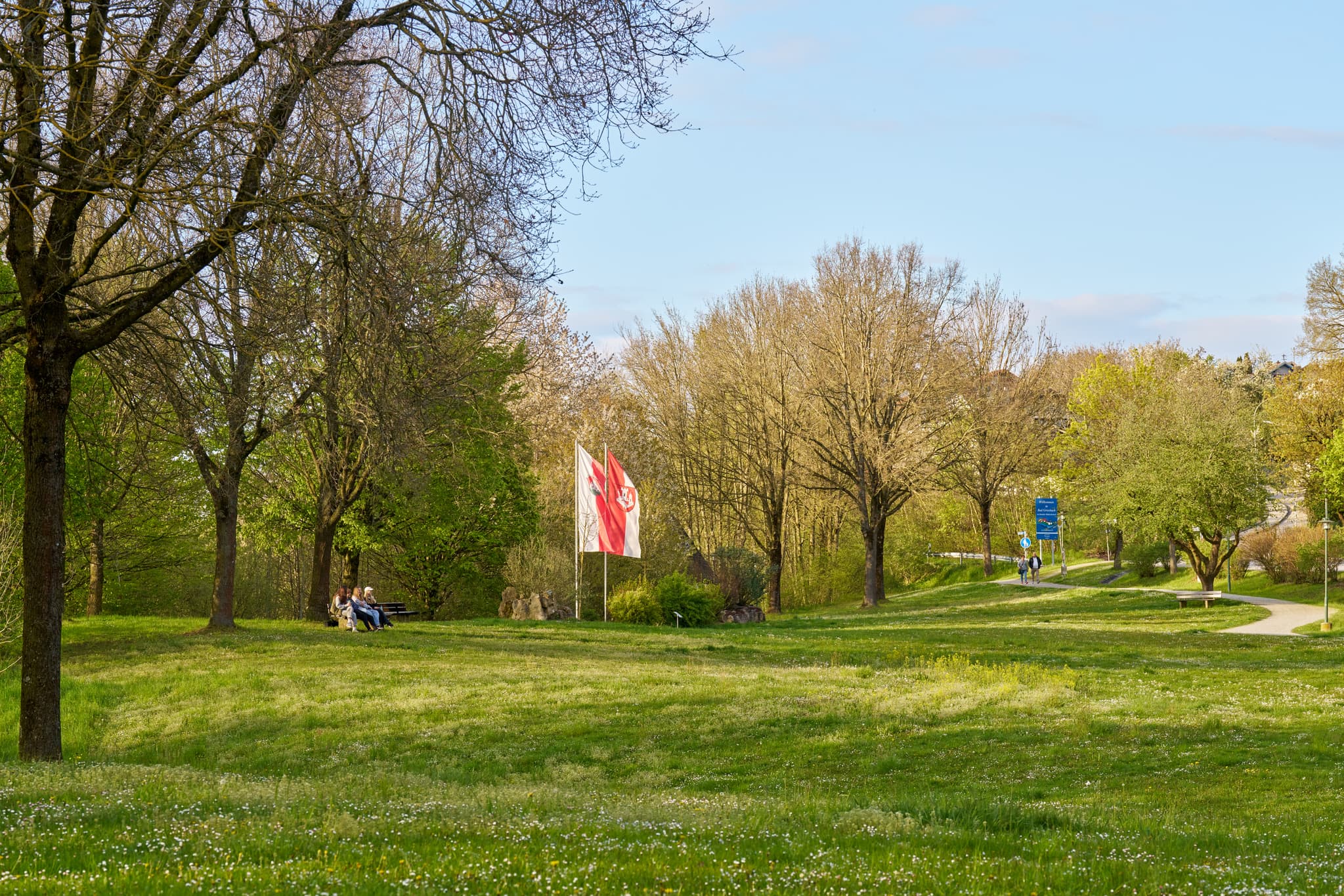 Stadt Park am Lindenfeld, Bad Griesbach, Passau - Parklandschaft in Bad Griesbach, Landkreis Passau, Niederbayern, Inn-Salzach, Bayern, Deutschland. Bäume, Wiese, Personen auf Bank.