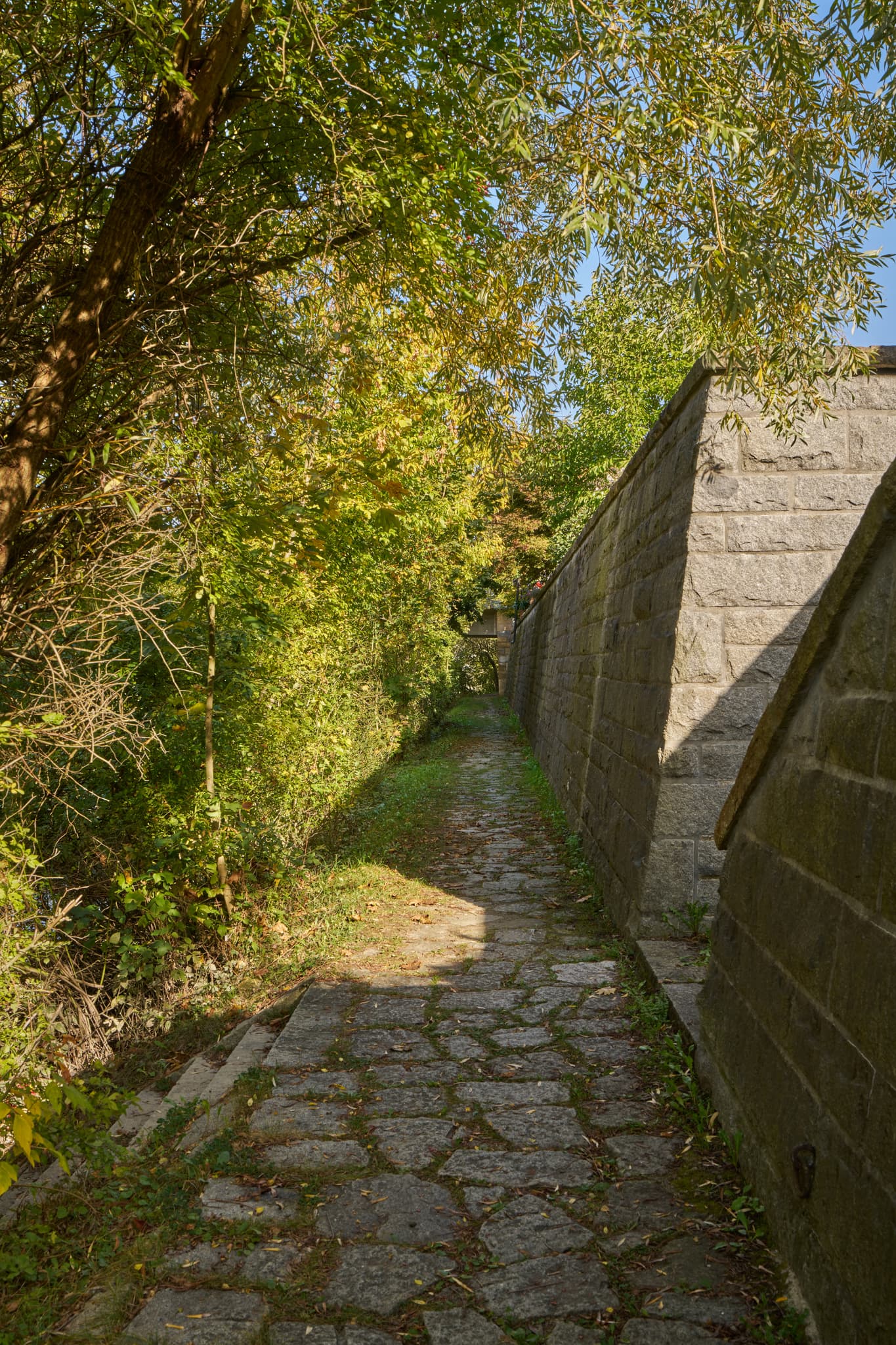 Stadtmauer an der Vils, Vilshofen, Passau, Niederbayern - Stadtansicht an der Vils, Ortsteil von Vilshofen, Landkreis Passau, Niederbayern, Donau-Wald, Deutschland. Ein gepflasterter Weg führt entlang einer Steinmauer.