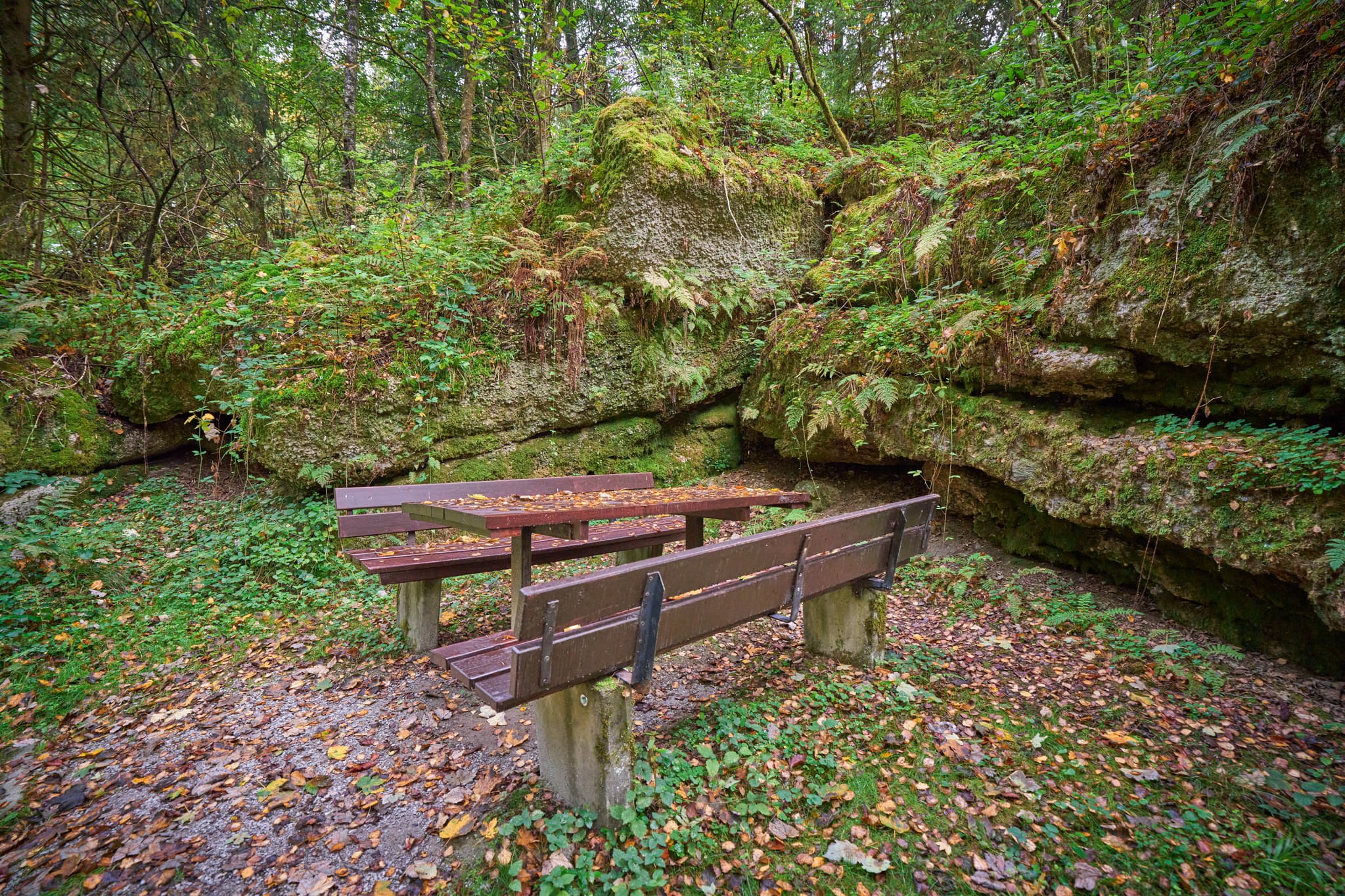 Waldwunderwelt, Bad Griesbach, Landkreis Passau - Picknicktisch und Bänke vor felsiger Felsformation im Wald. Bad Griesbach, Landkreis Passau, Niederbayern, Bayerischer Wald, Deutschland.