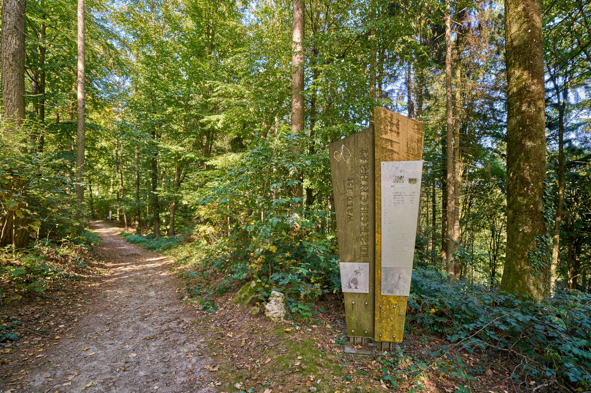 Waldwunderwelt, Bad Griesbach, Landkreis Passau - Waldweg in Bad Griesbach, Landkreis Passau, Niederbayern, Bayern, Deutschland. Informationstafel im Wald.