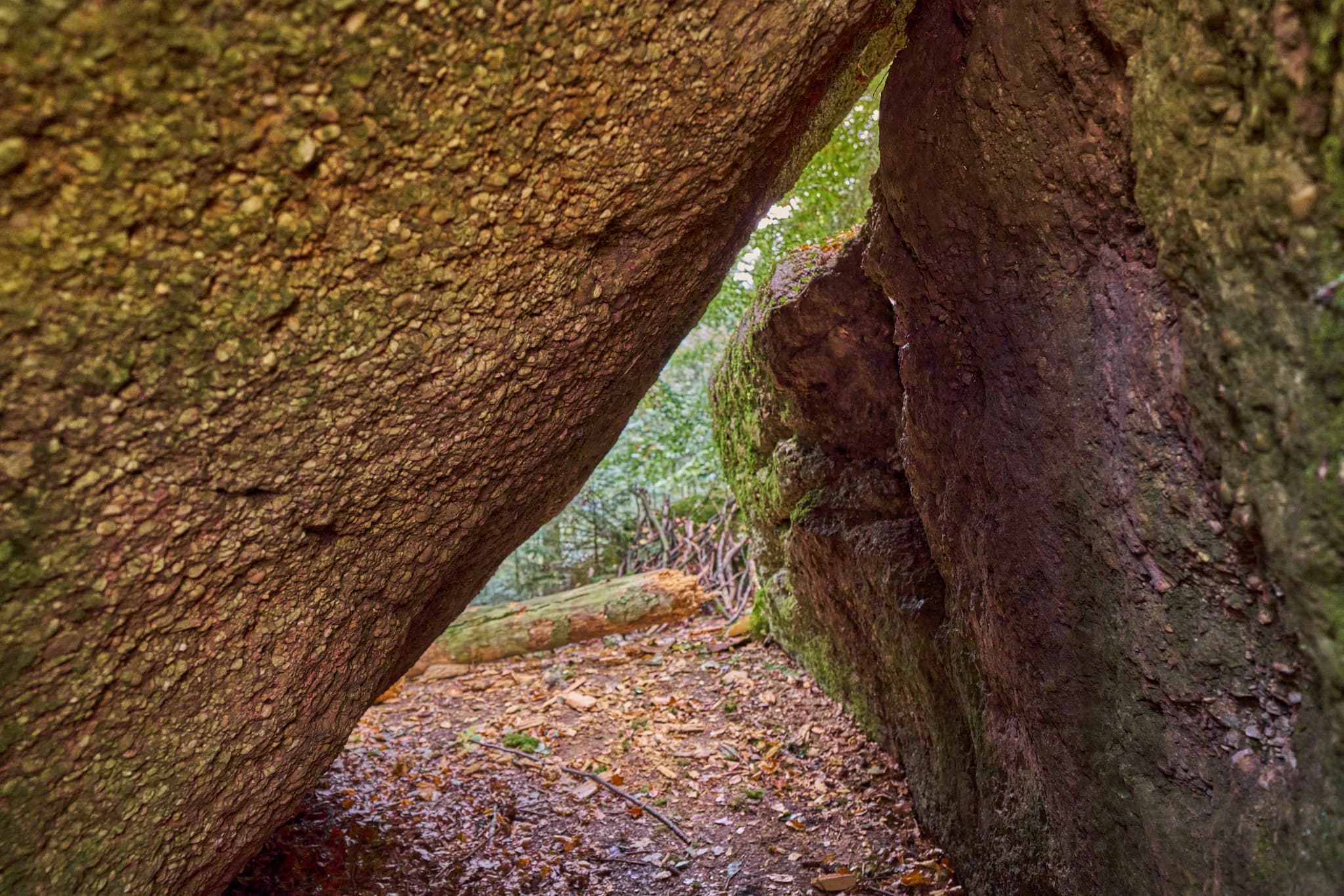 Waldwunderwelt Teufelsstein, Bad Griesbach, Passau - Teufelsstein in Bad Griesbach, Landkreis Passau, Niederbayern, Bayern, Deutschland. Das Bild zeigt Details der Felsstrukturen mit Farbreste.