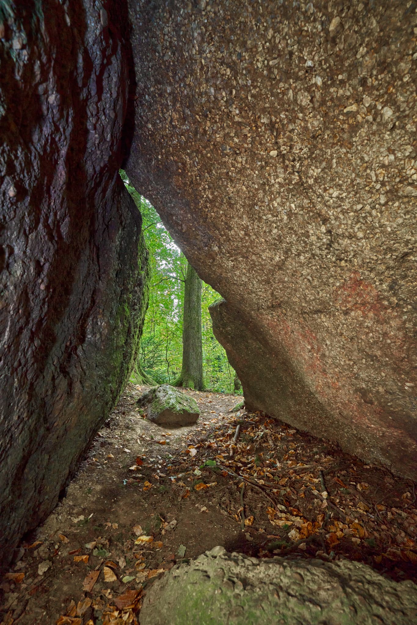 Waldwunderwelt Teufelsstein Detail, Bad Griesbach, Passau - Felsmalereien am Teufelsstein in Bad Griesbach, Landkreis Passau, Niederbayern, Bayern, Deutschland. Das Bild zeigt Details der Felsstrukturen mit Farbreste.