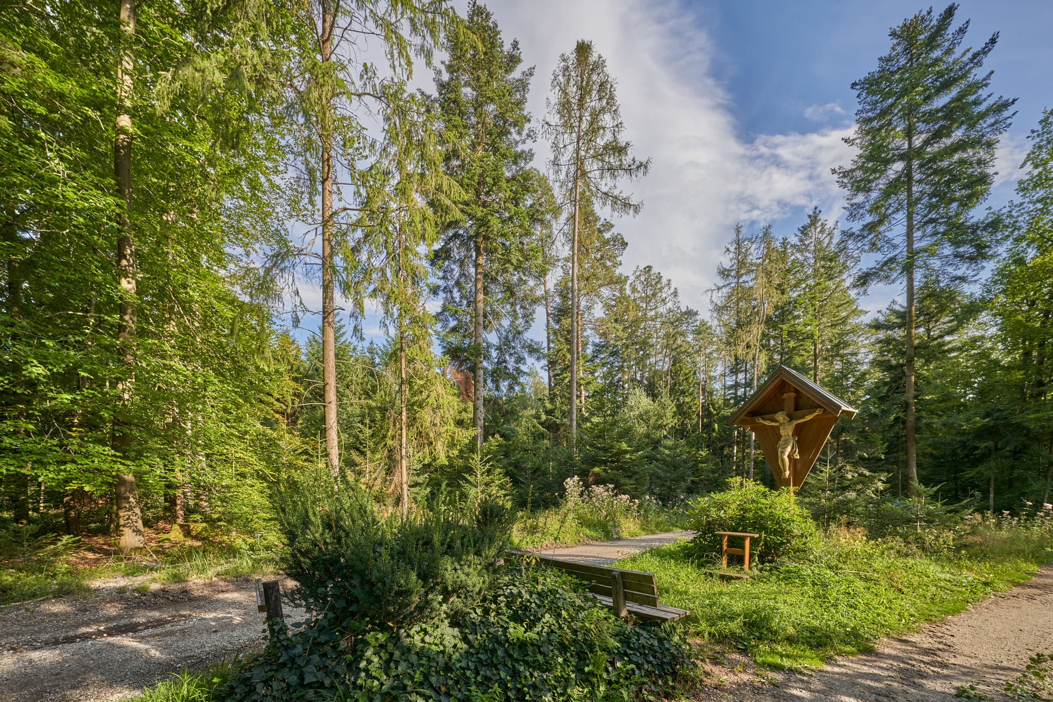 Wegkreuz, Schellenberg, Rottal-Inn, Niederbayern - Wegkreuz im Wald bei Schellenberg, Simbach am Inn. Rottal-Inn, Niederbayern, Holzland/Bäderdreieck, Bayern, Deutschland.