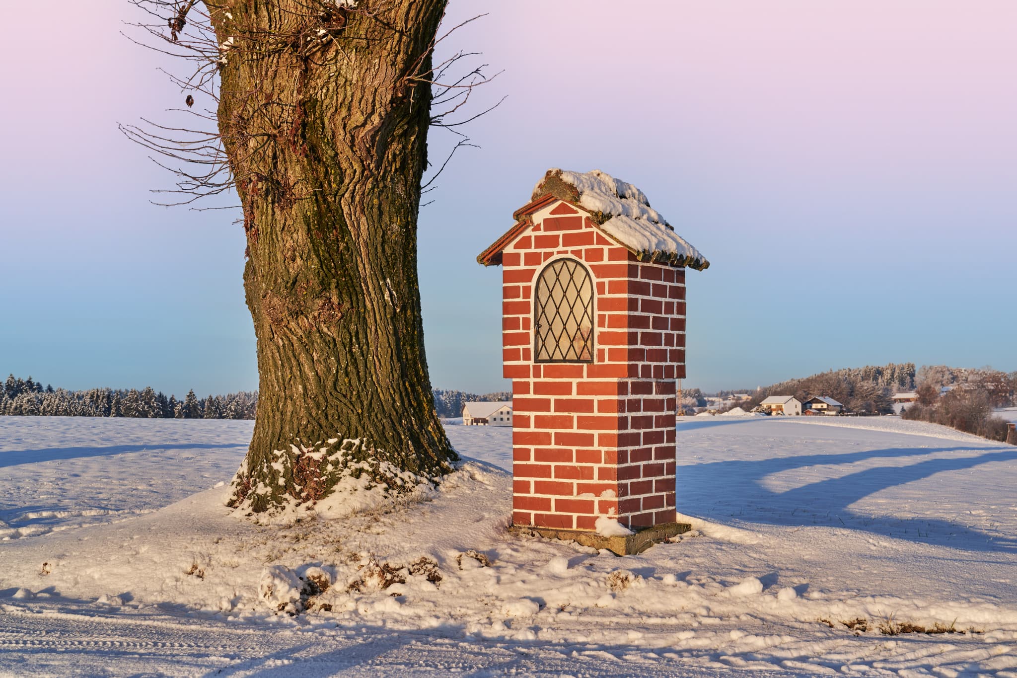 Winter Bildstock, Wald bei Winhöring, Altötting - Bildstock im winterlichen Schneefeld neben Baum, aufgenommen in Wald bei Winhöring, Pleiskirchen, Landkreis Altötting, Oberbayern, Inn-Salzach, Deutschland.