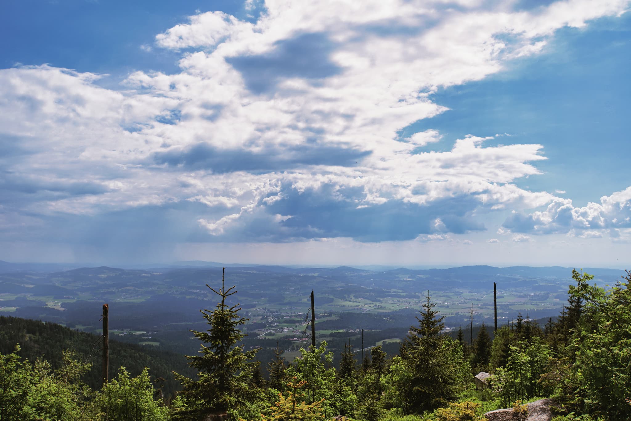 Zwischen Dreiländereck und dem Dreisessel  - Blauer Himmel mit weißen Wolken dominiert das Bild. Die Stimmung ist ruhig und friedlich. Ein wunderschöner Panoramablick, der zum Träumen einlädt.